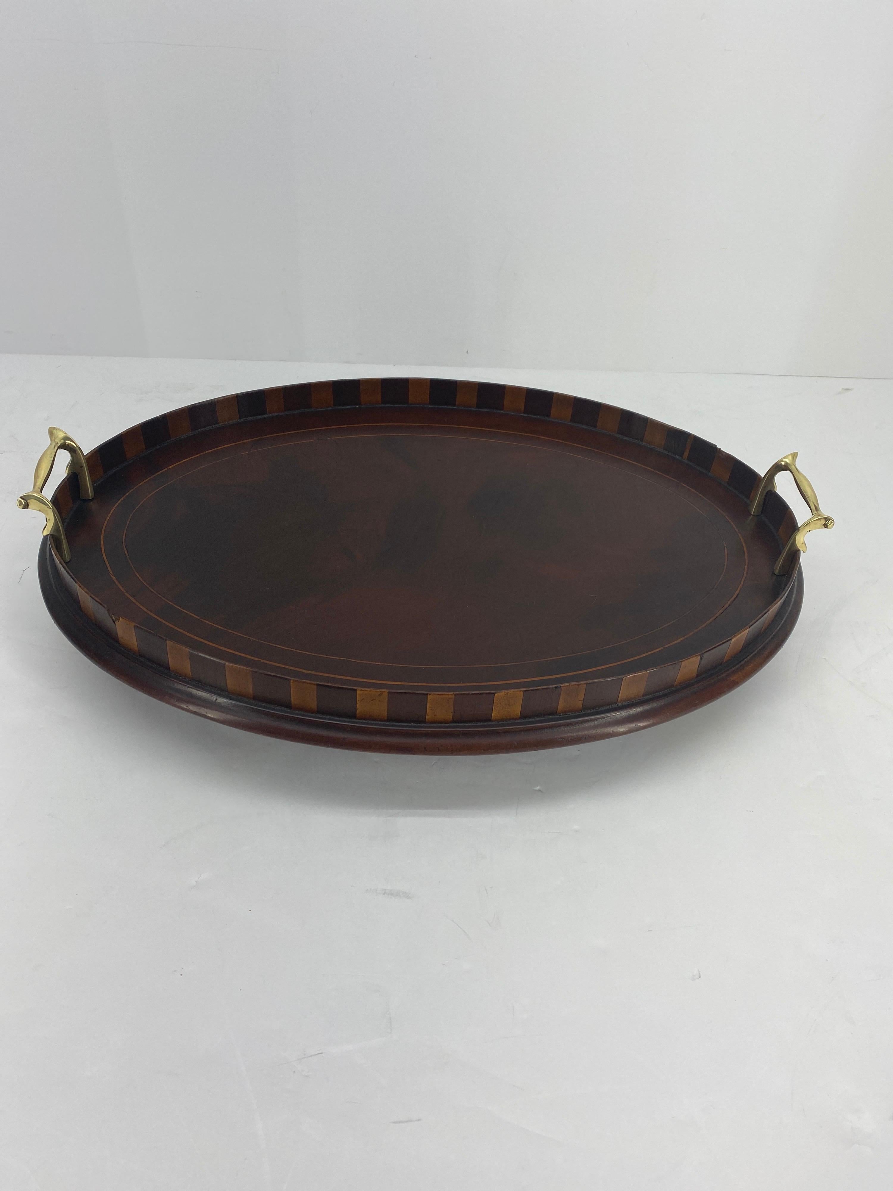 English Edwardian Mahogany and Fruitwood Inlaid Bar Tray with Brass Handles In Good Condition In Haddonfield, NJ