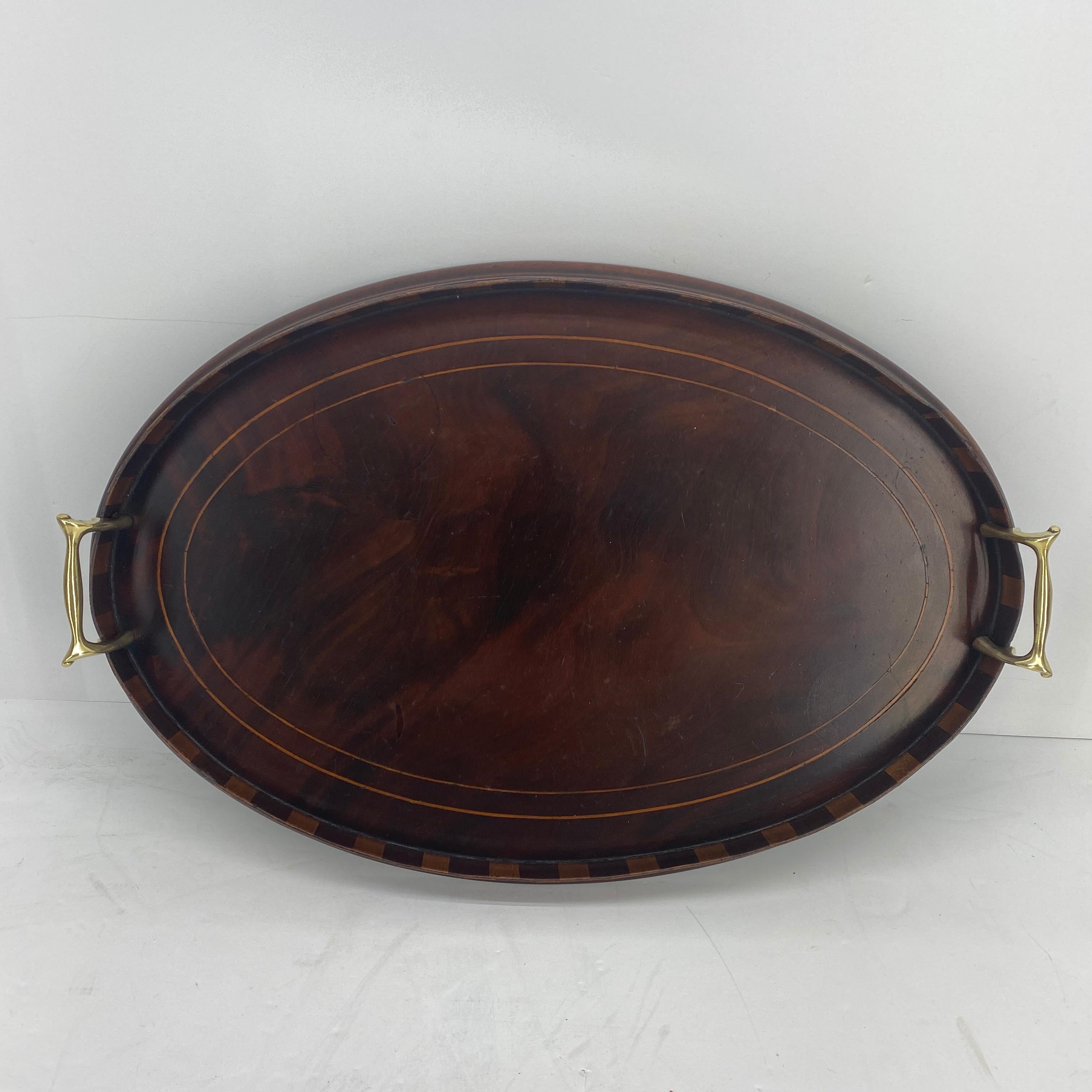 Early 20th Century English Edwardian Mahogany and Fruitwood Inlaid Bar Tray with Brass Handles