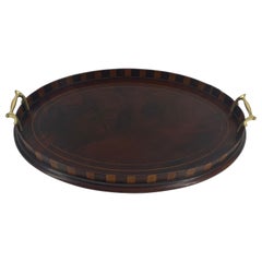 English Edwardian Mahogany and Fruitwood Inlaid Bar Tray with Brass Handles