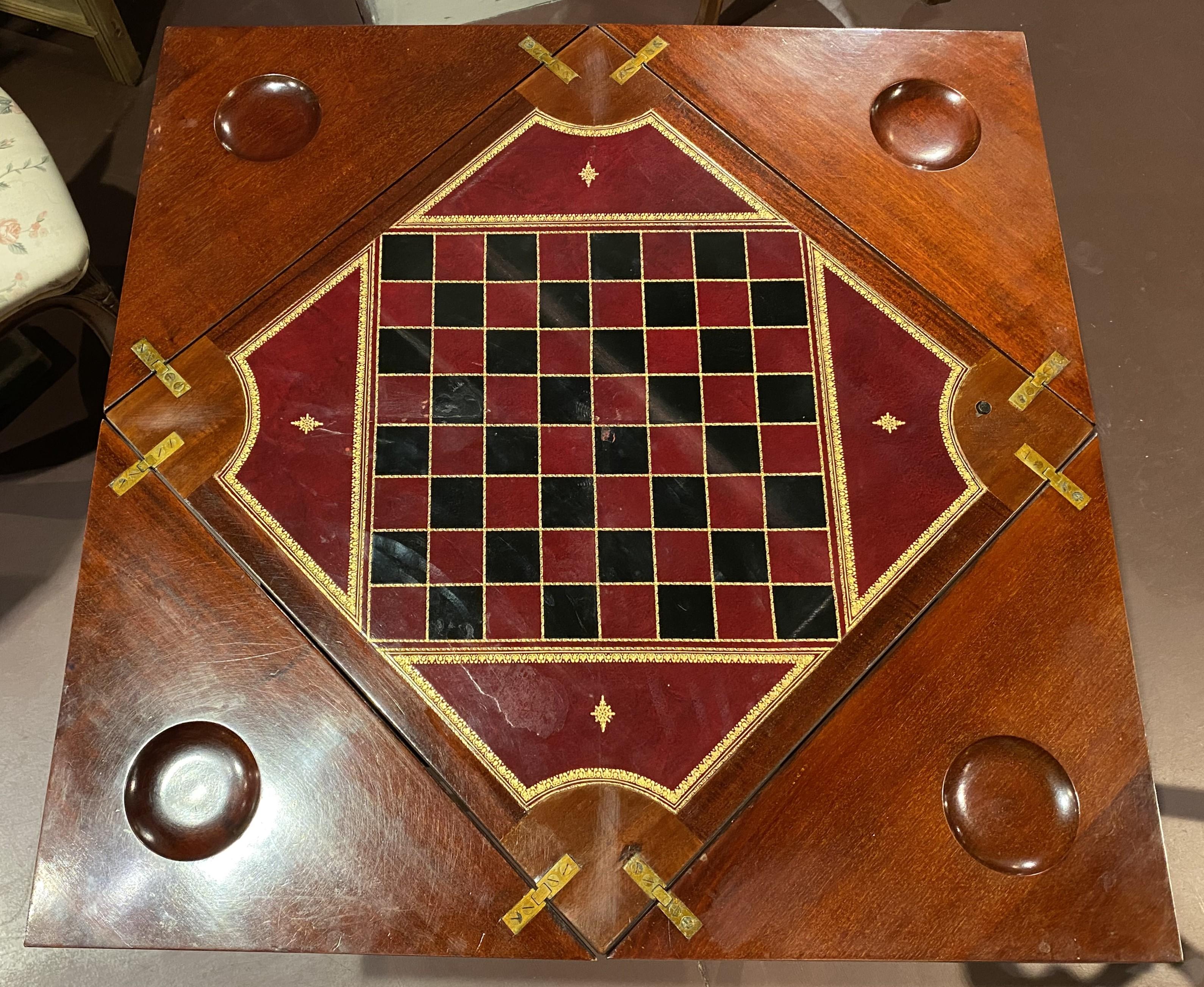 Hand-Carved English Edwardian Mahogany Chess or Checkers Games Table with Handkerchief Top For Sale