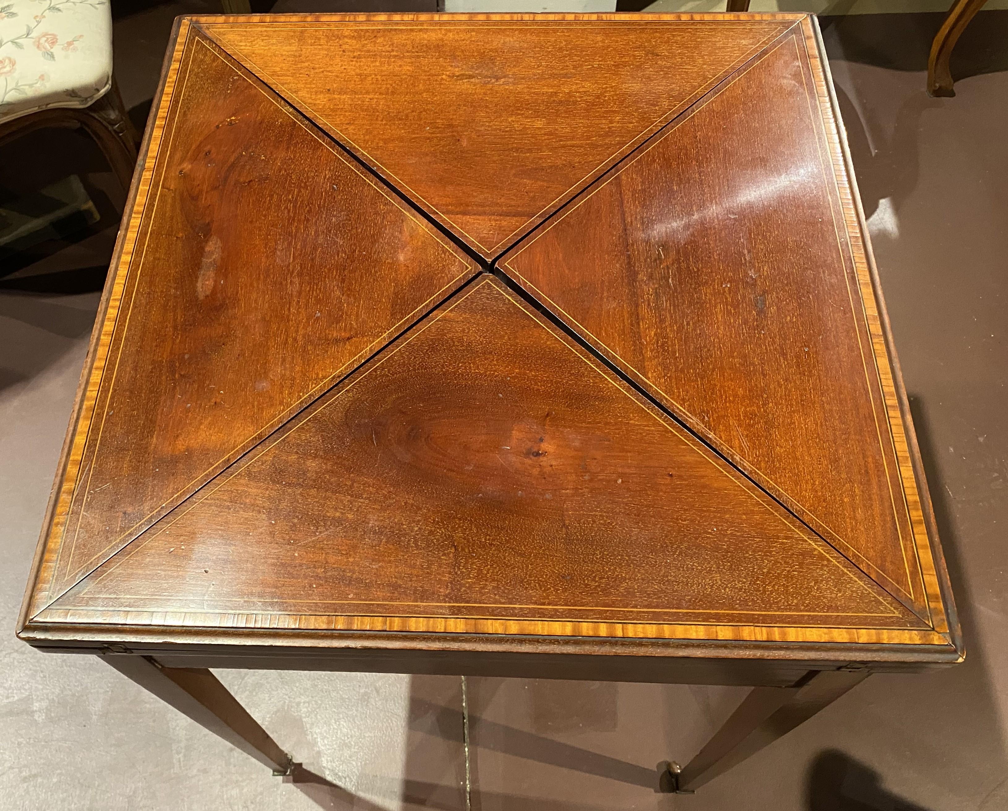 Brass English Edwardian Mahogany Chess or Checkers Games Table with Handkerchief Top For Sale