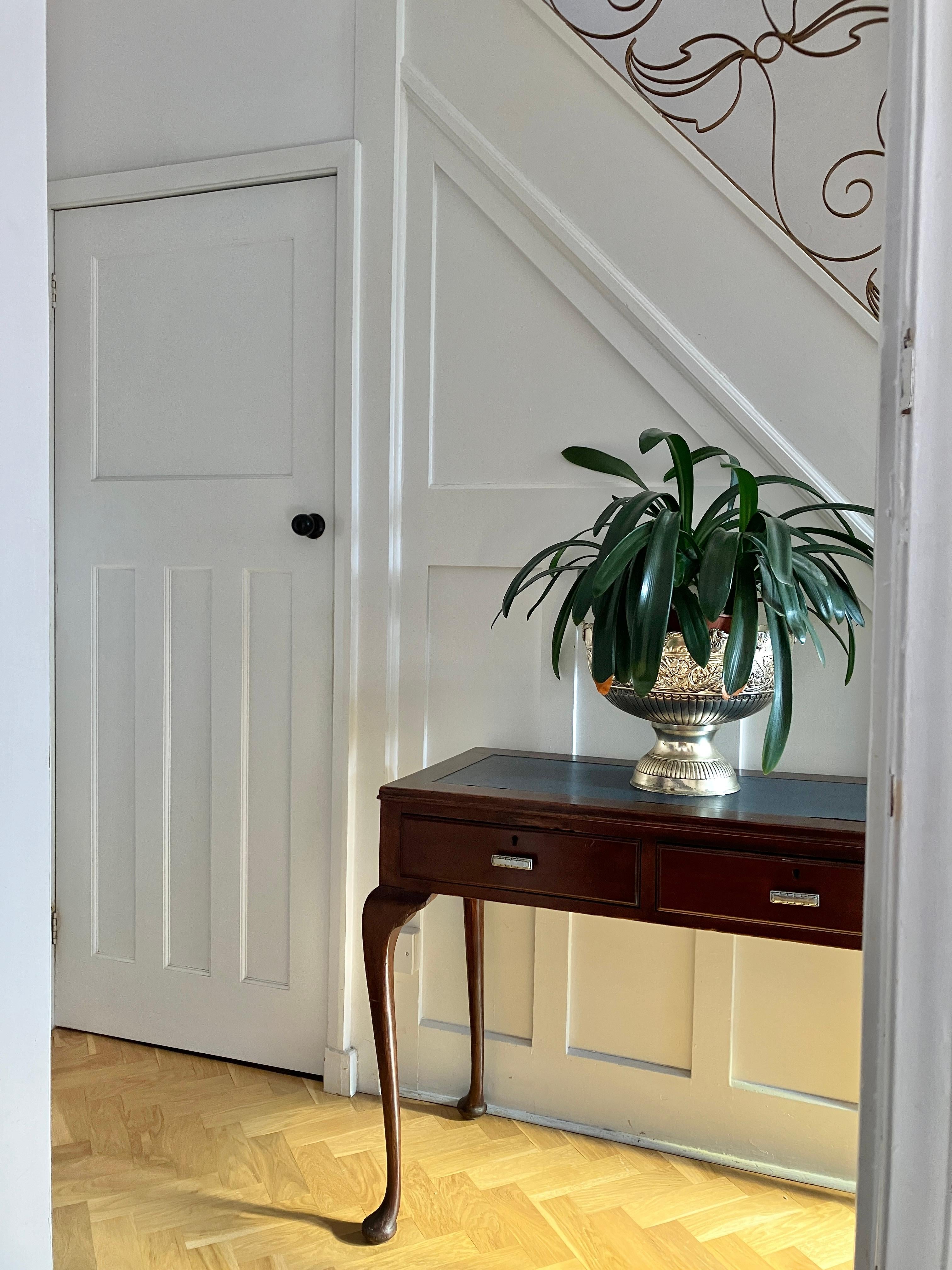 Joinery English Edwardian Mahogany Console Table / Desk with Cabriole Legs Sold by Heals For Sale