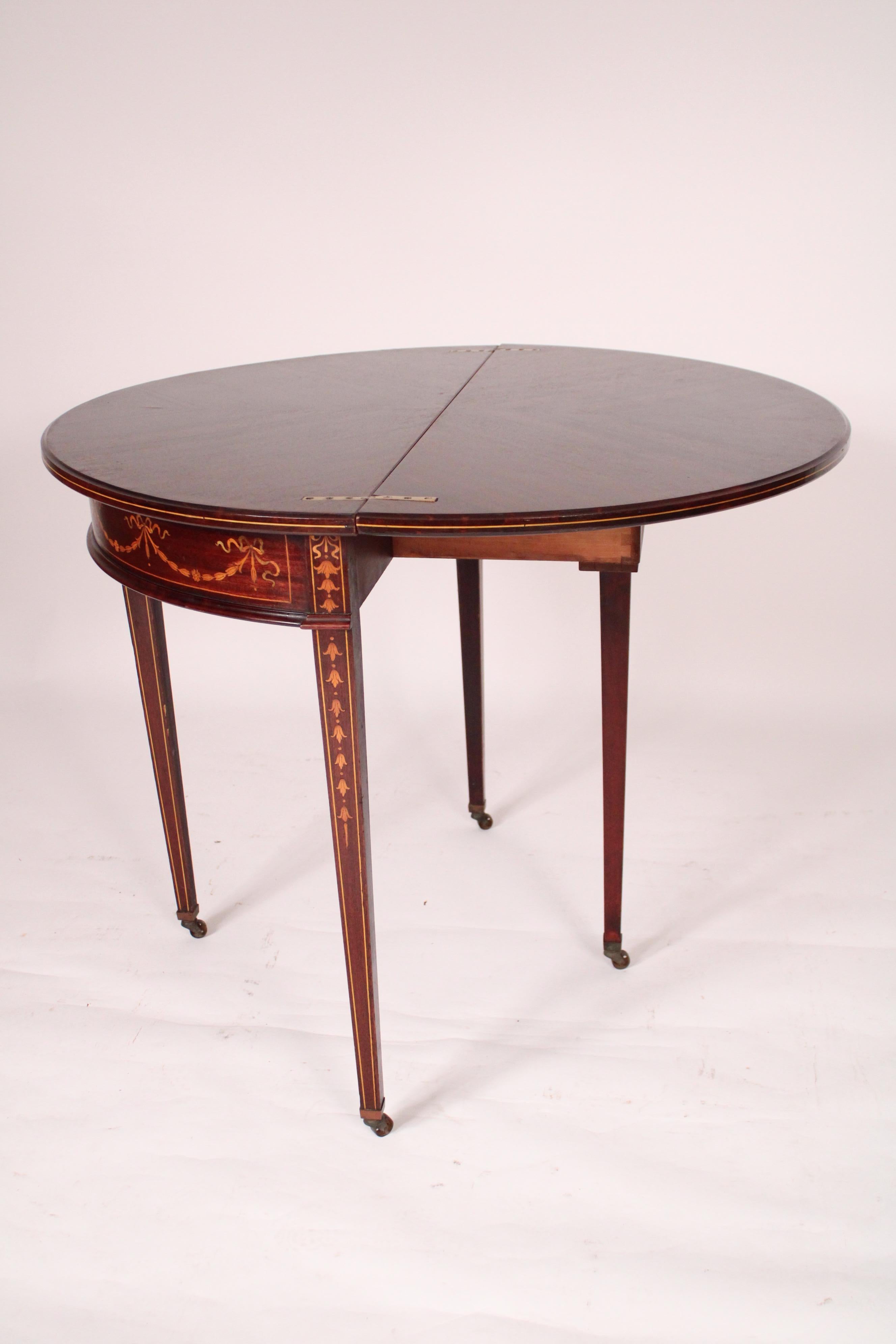 Brass English Edwardian Mahogany Inlaid Console / Games Table For Sale