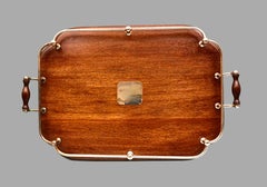 English Edwardian Mahogany Tray with Silver Plated Handles and Gallery