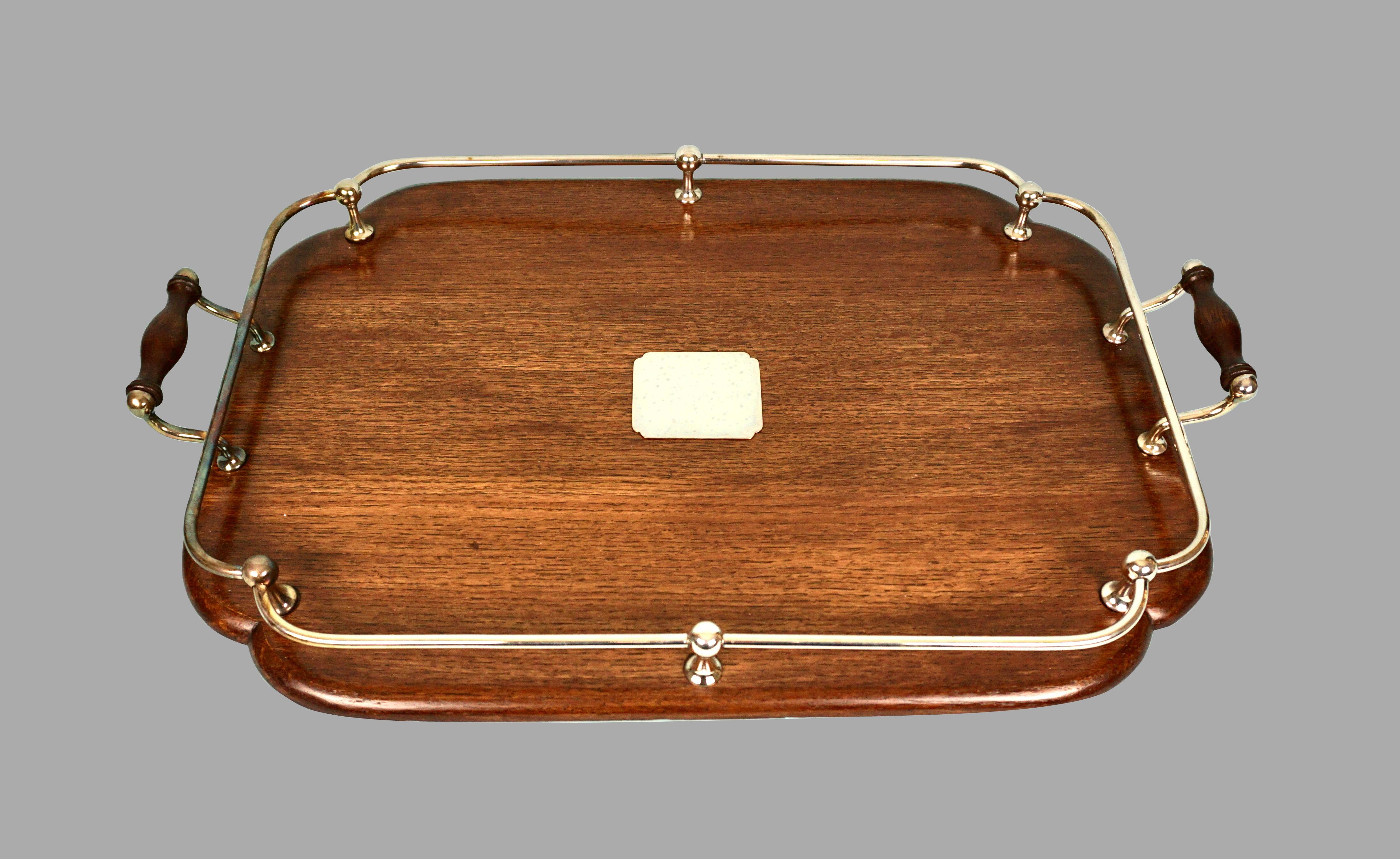 20th Century English Edwardian Mahogany Tray with Silver Plated Handles and Gallery