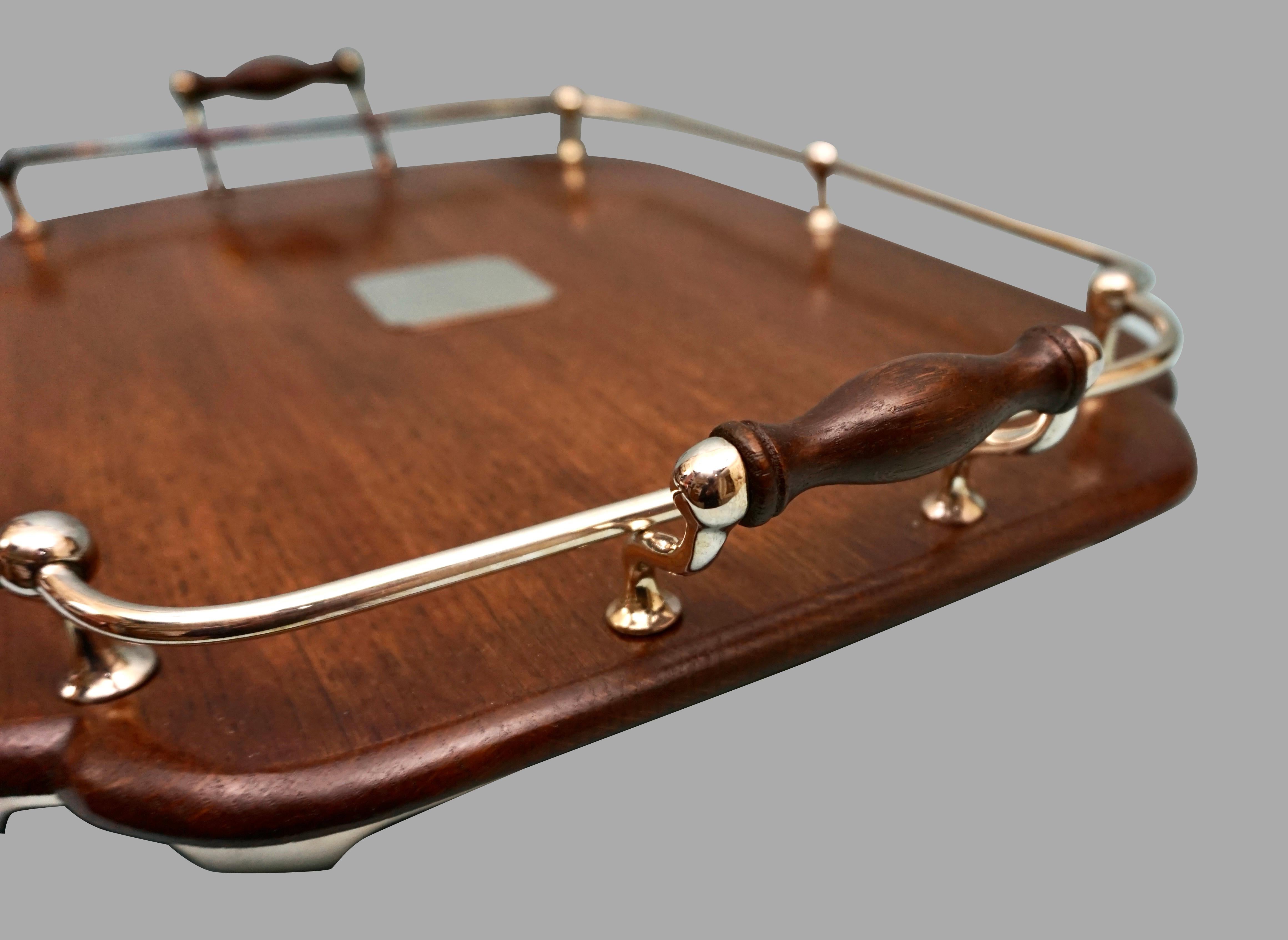 English Edwardian Mahogany Tray with Silver Plated Handles and Gallery 1