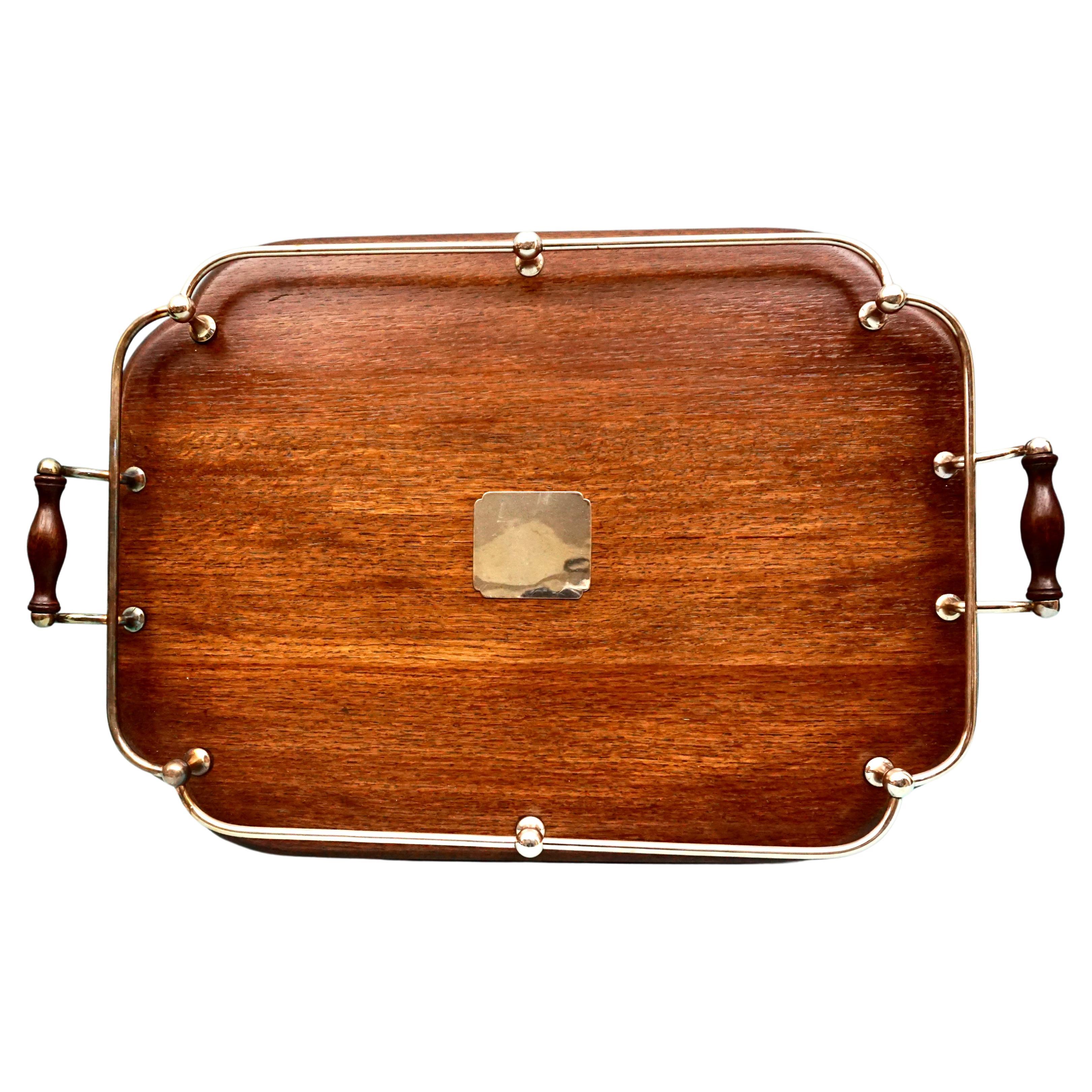 English Edwardian Mahogany Tray with Silver Plated Handles and Gallery