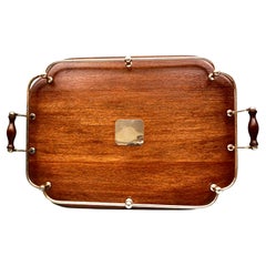 Vintage English Edwardian Mahogany Tray with Silver Plated Handles and Gallery