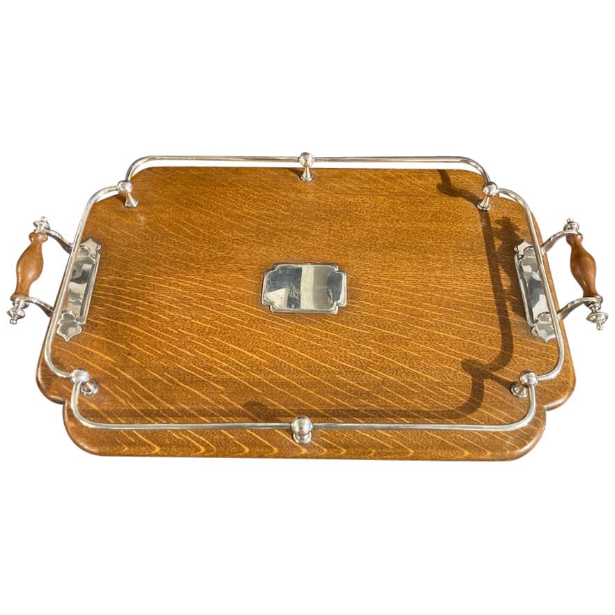 English Edwardian Oak and Silver Plated Tray