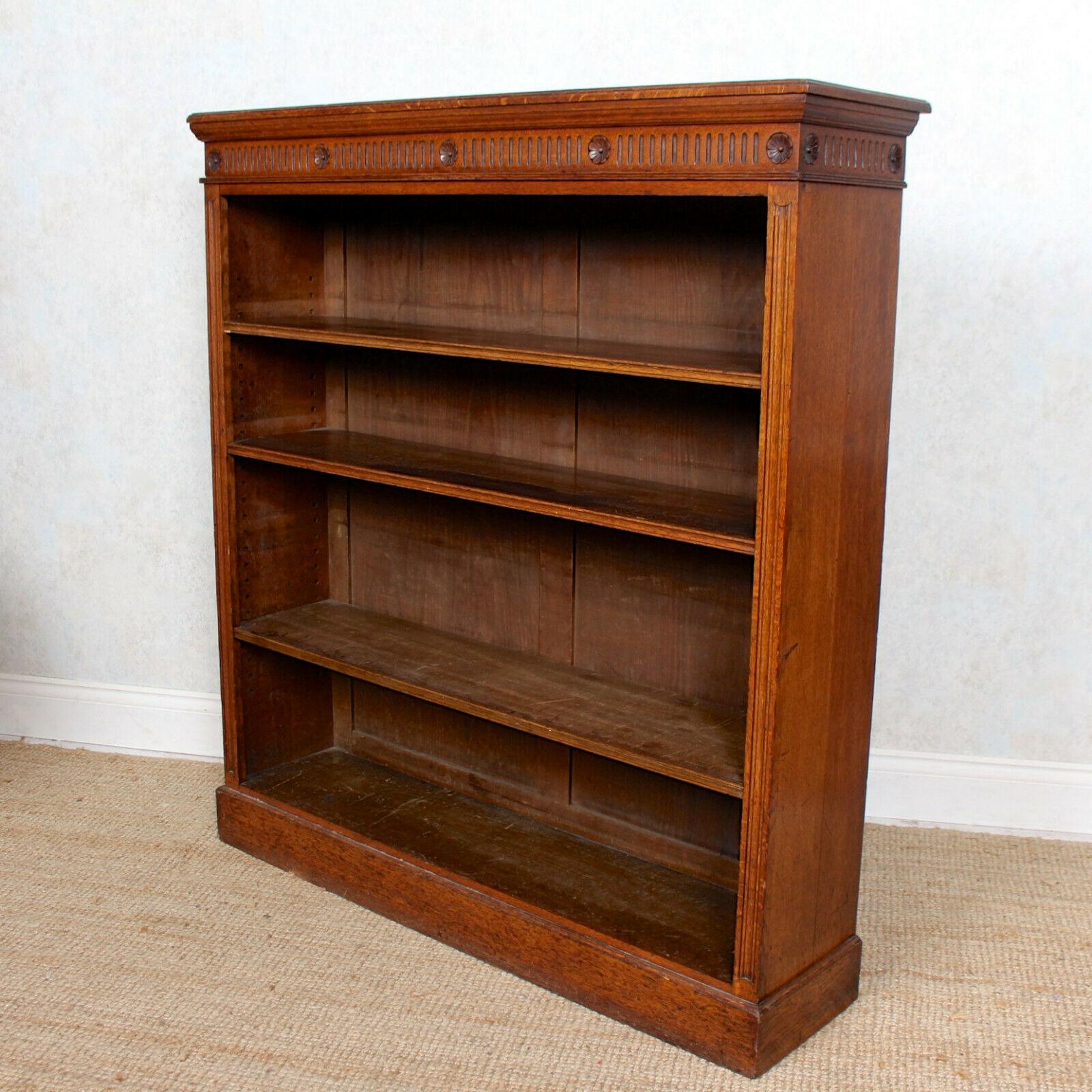 English Edwardian Oak Open Bookcase Carved Library Bookshelves Solid In Good Condition In Newcastle upon Tyne, GB