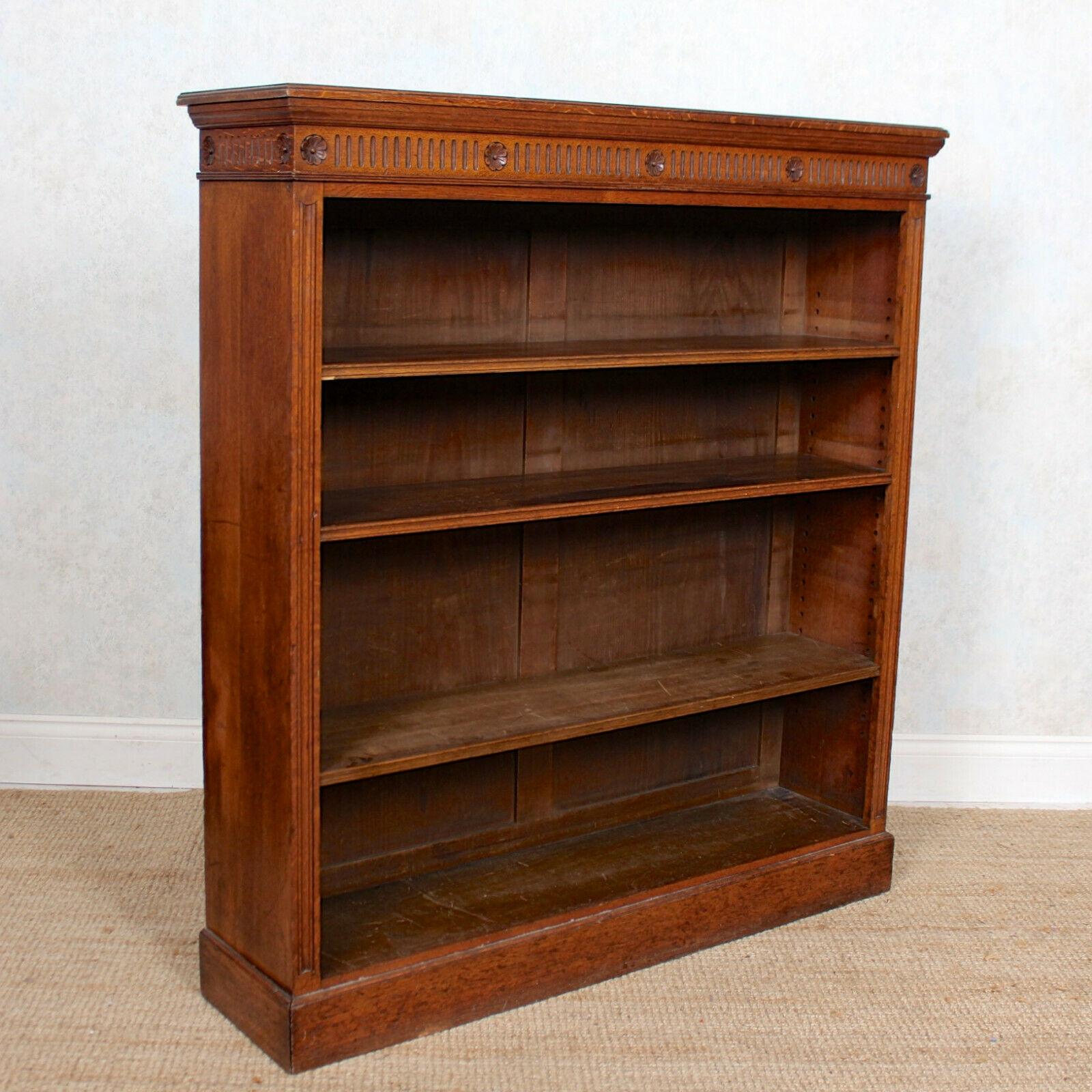 Early 20th Century English Edwardian Oak Open Bookcase Carved Library Bookshelves Solid
