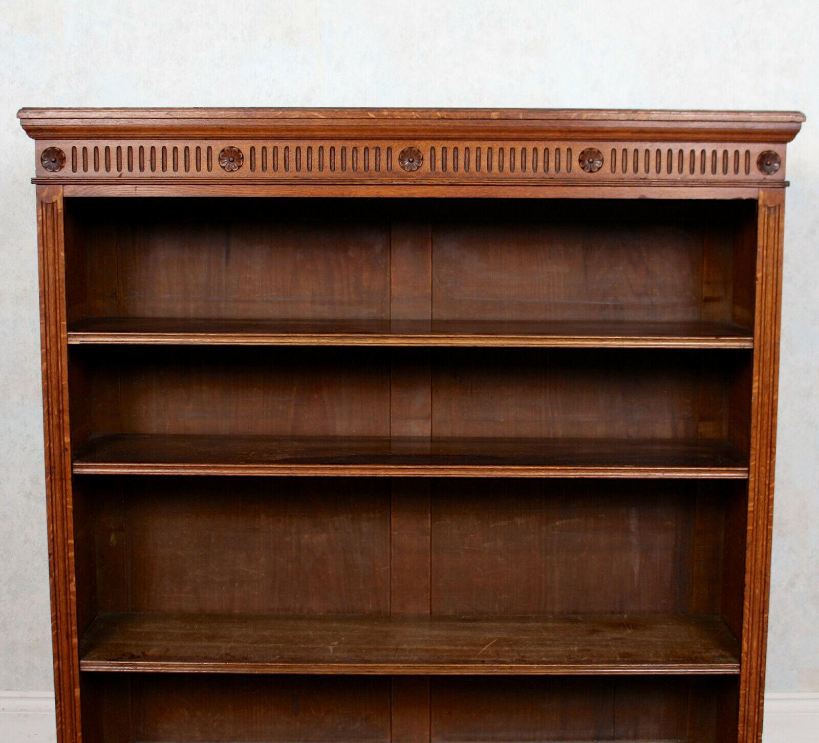 English Edwardian Oak Open Bookcase Carved Library Bookshelves Solid 3