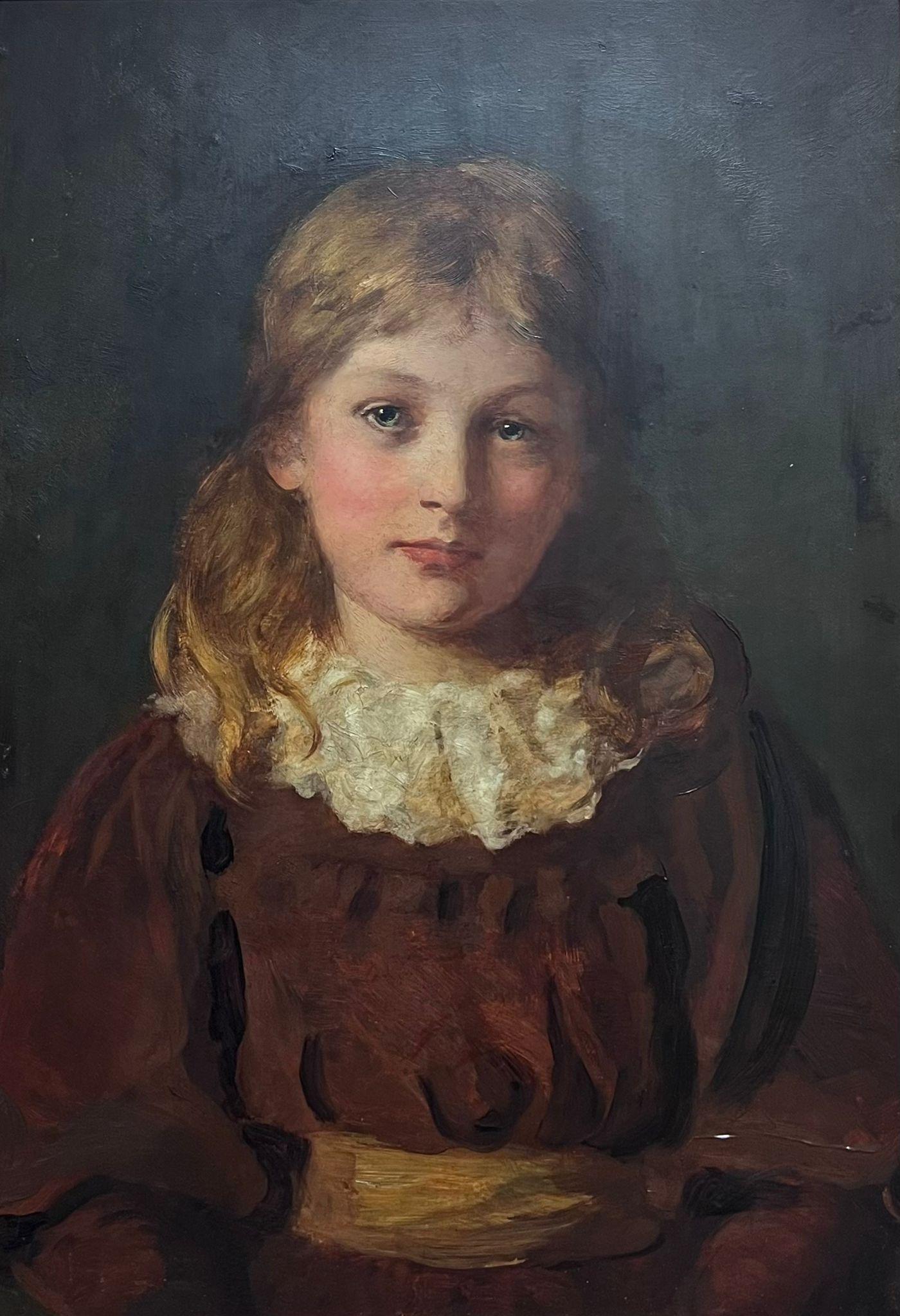Antiguo óleo inglés c. 1900 Retrato de chica de pelo castaño con vestido rojo - Painting de English Edwardian