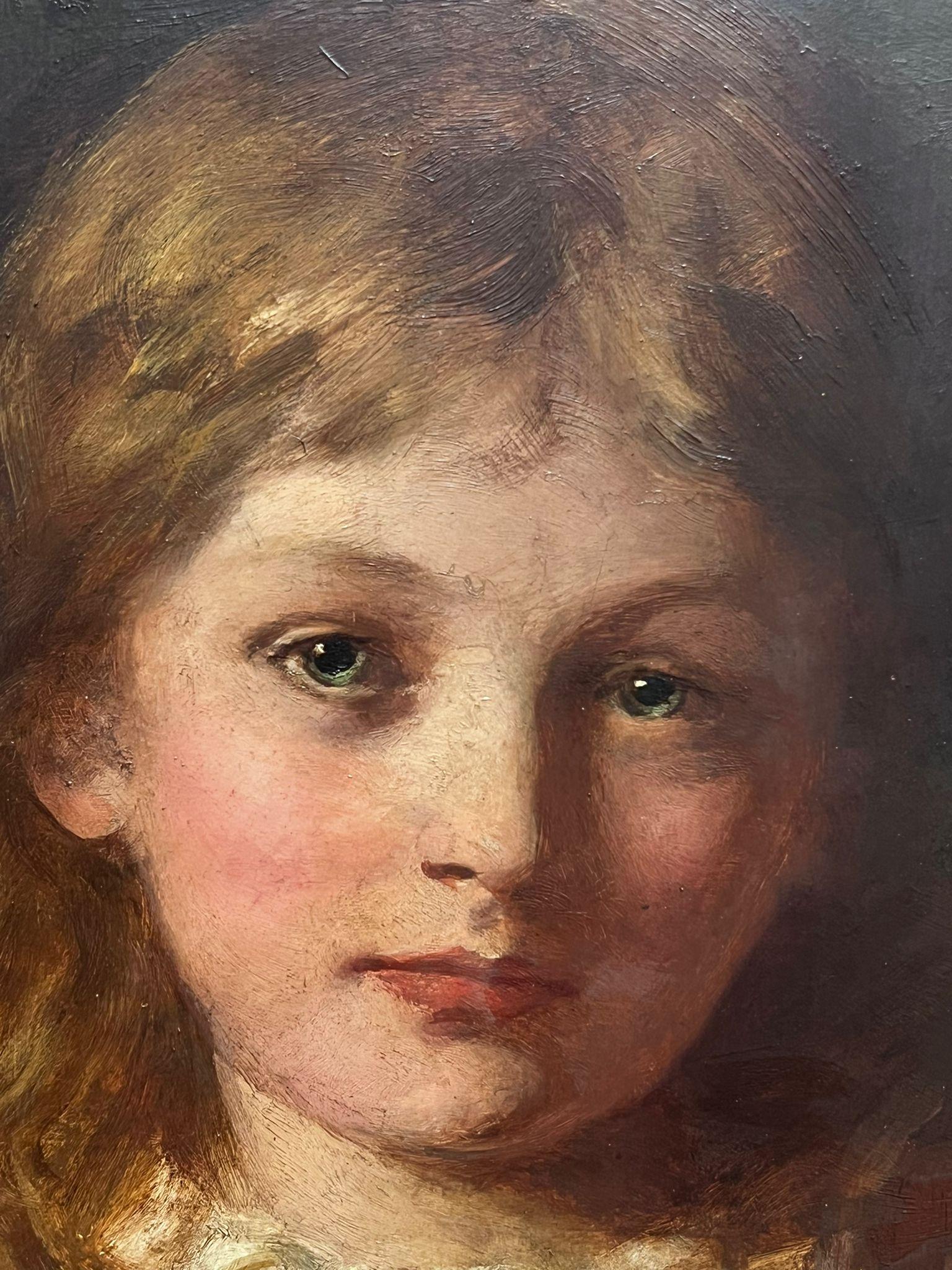 Antiguo óleo inglés c. 1900 Retrato de chica de pelo castaño con vestido rojo - Painting Victoriano de English Edwardian