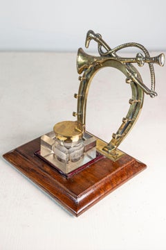 English Edwardian Period 1900s Inkwell with Brass Equestrian Motifs and Base