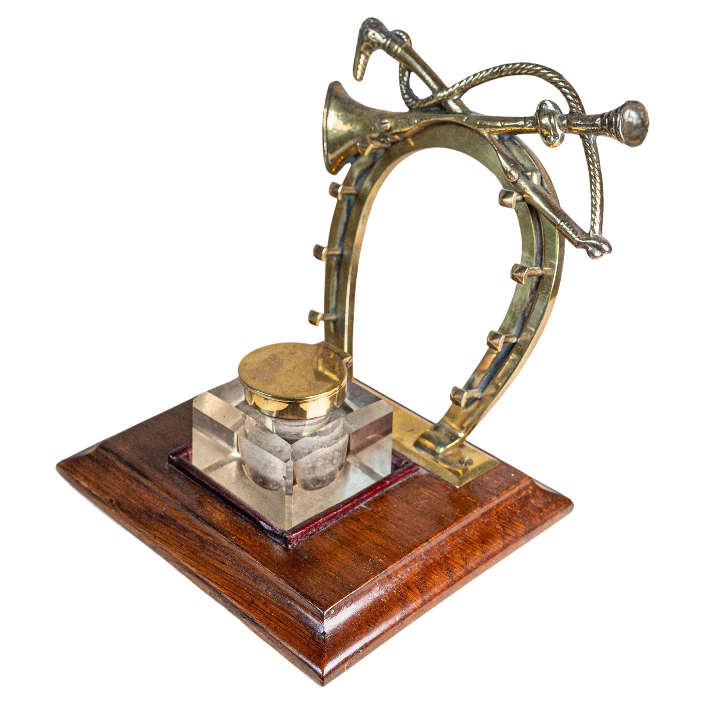 English Edwardian Period 1900s Inkwell with Brass Equestrian Motifs and Base