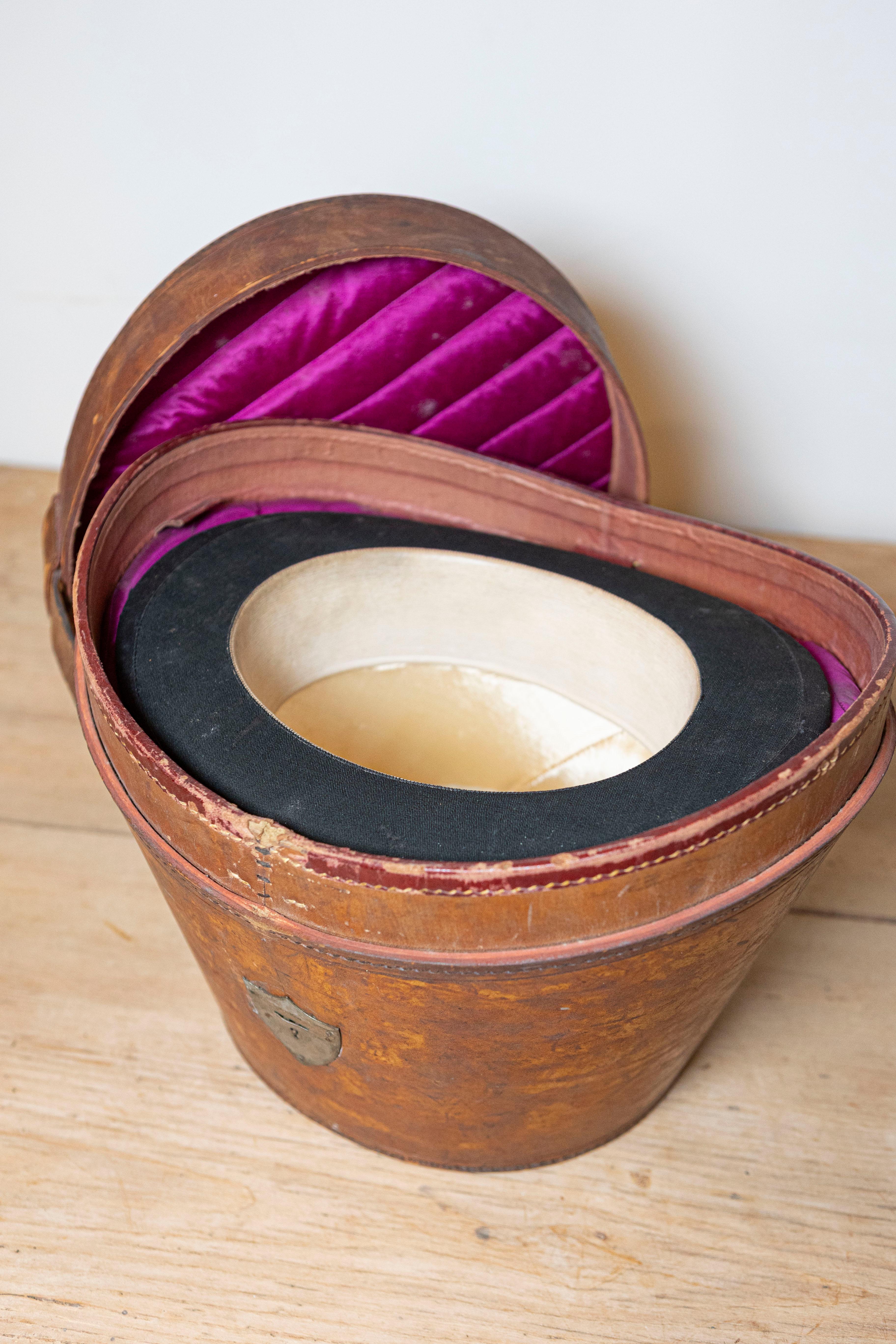 English Edwardian Period 1910s Austin Reed Leather Hat Box with Top Hat 1