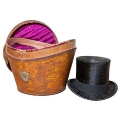 Used English Edwardian Period 1910s Austin Reed Leather Hat Box with Top Hat