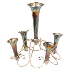 English Edwardian Period Early 20th Century Silver Epergne with Five Flute Vases