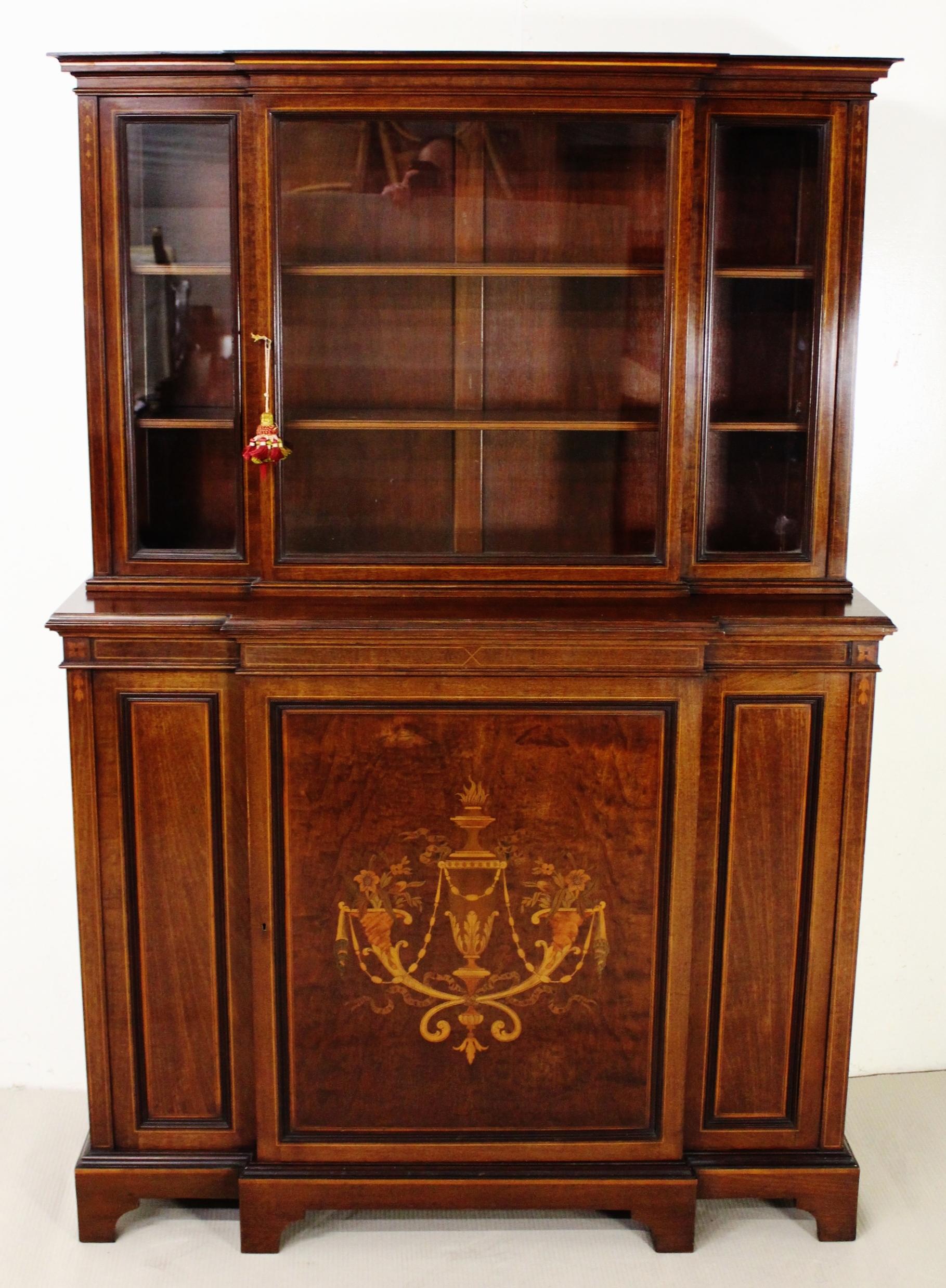 Early 20th Century English Edwardian Period Inlaid Mahogany Bookcase/Cabinet by Jas Shoolbred For Sale