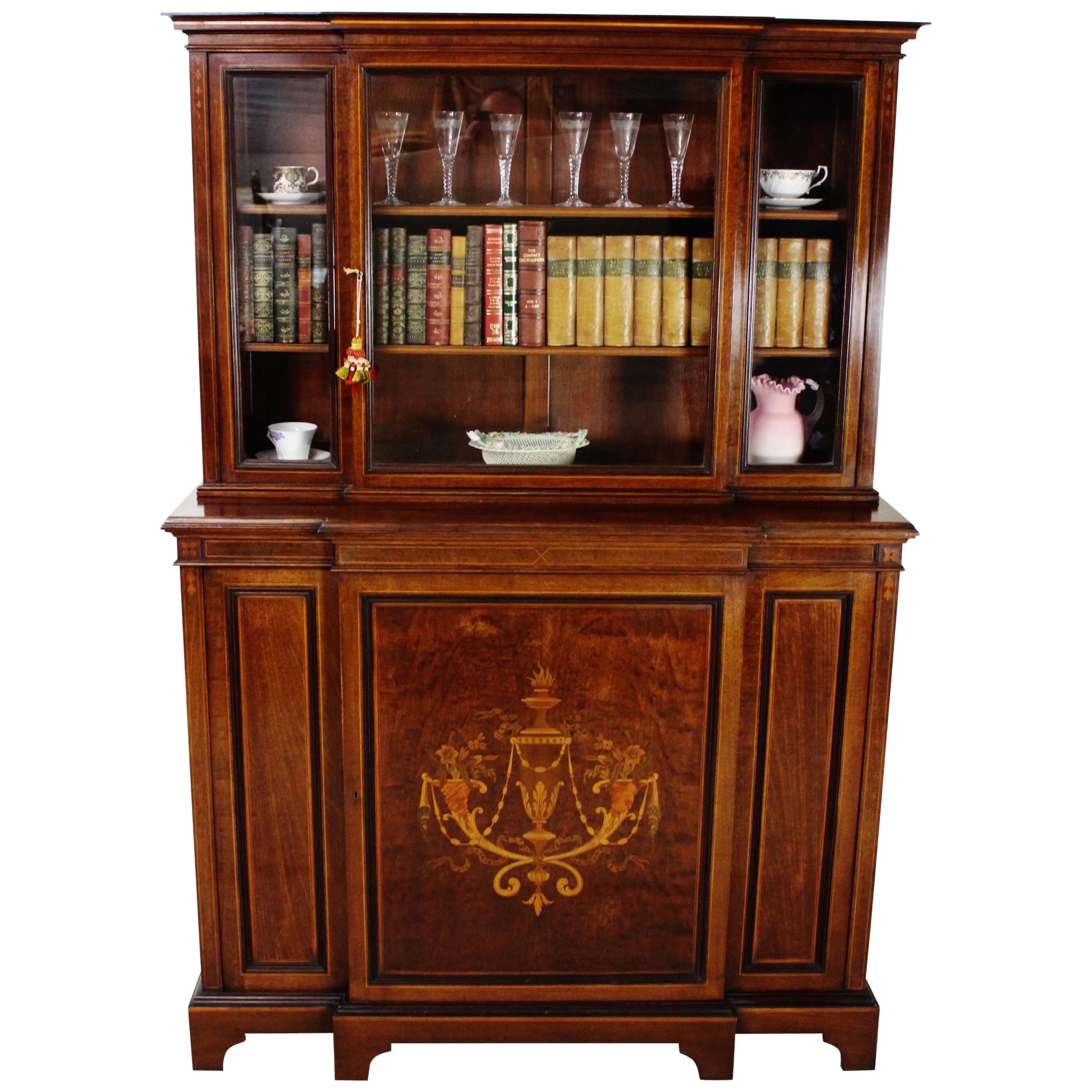 English Edwardian Period Inlaid Mahogany Bookcase/Cabinet by Jas Shoolbred For Sale