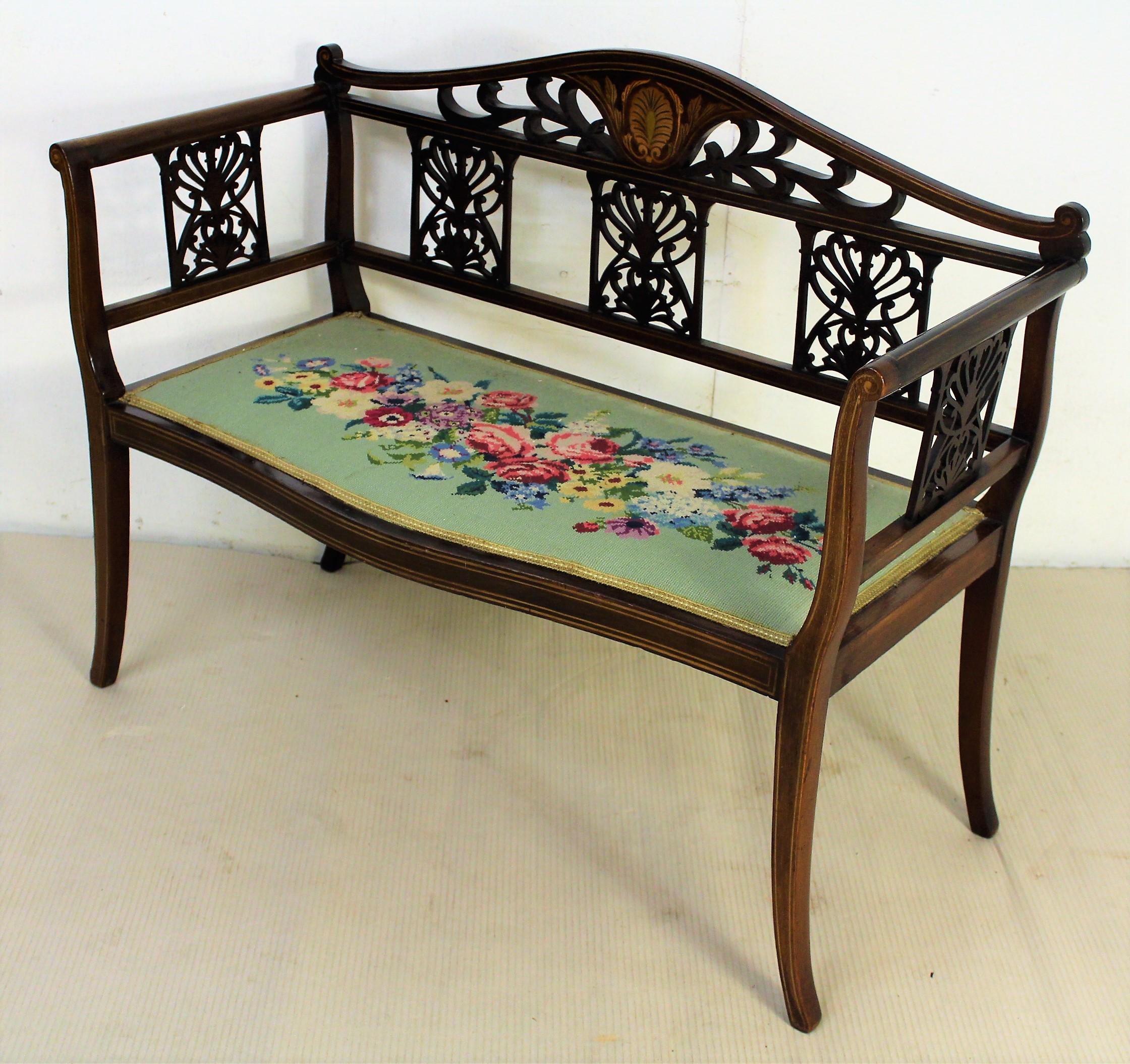 English Edwardian Period Inlaid Mahogany Settee or Bench For Sale 3