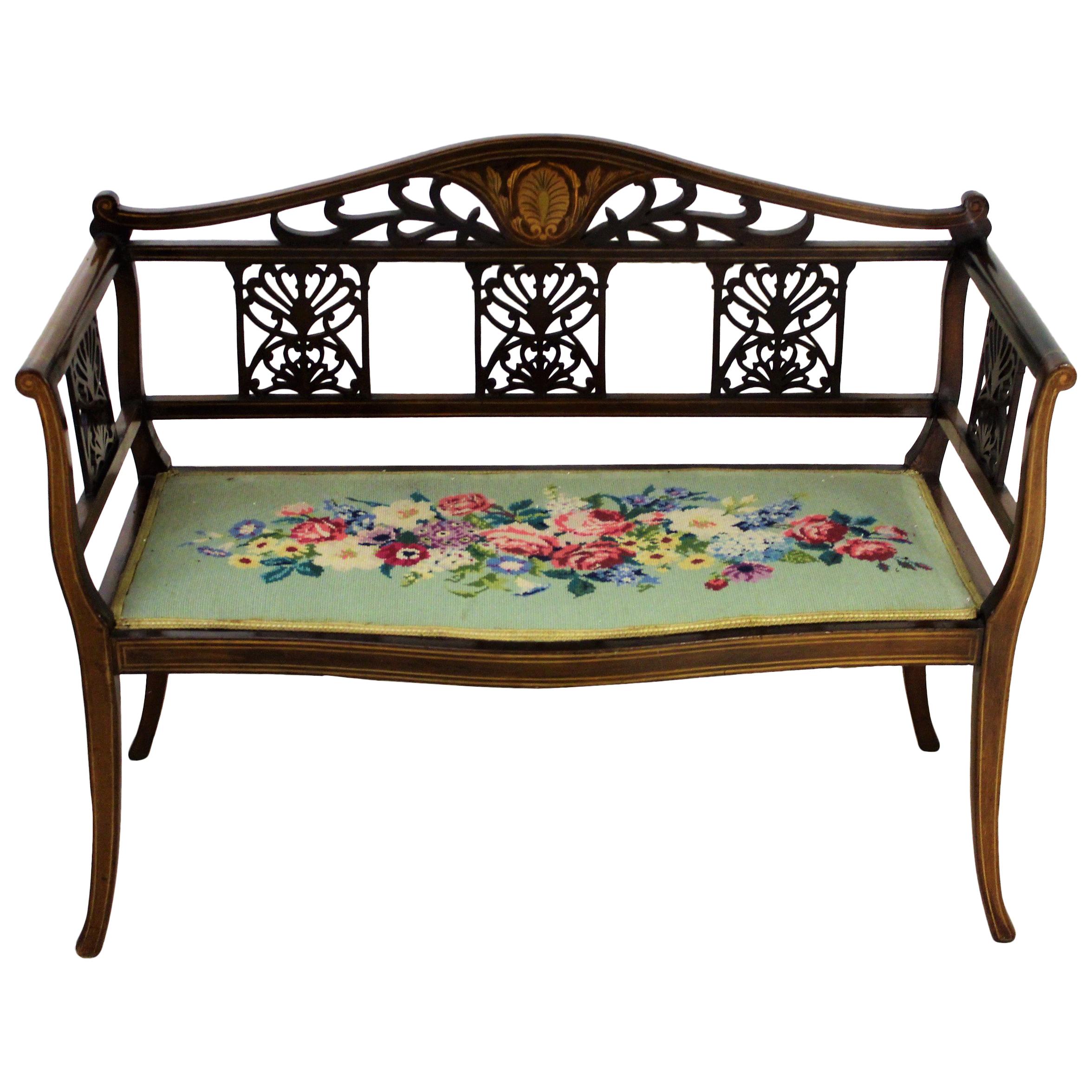English Edwardian Period Inlaid Mahogany Settee or Bench For Sale