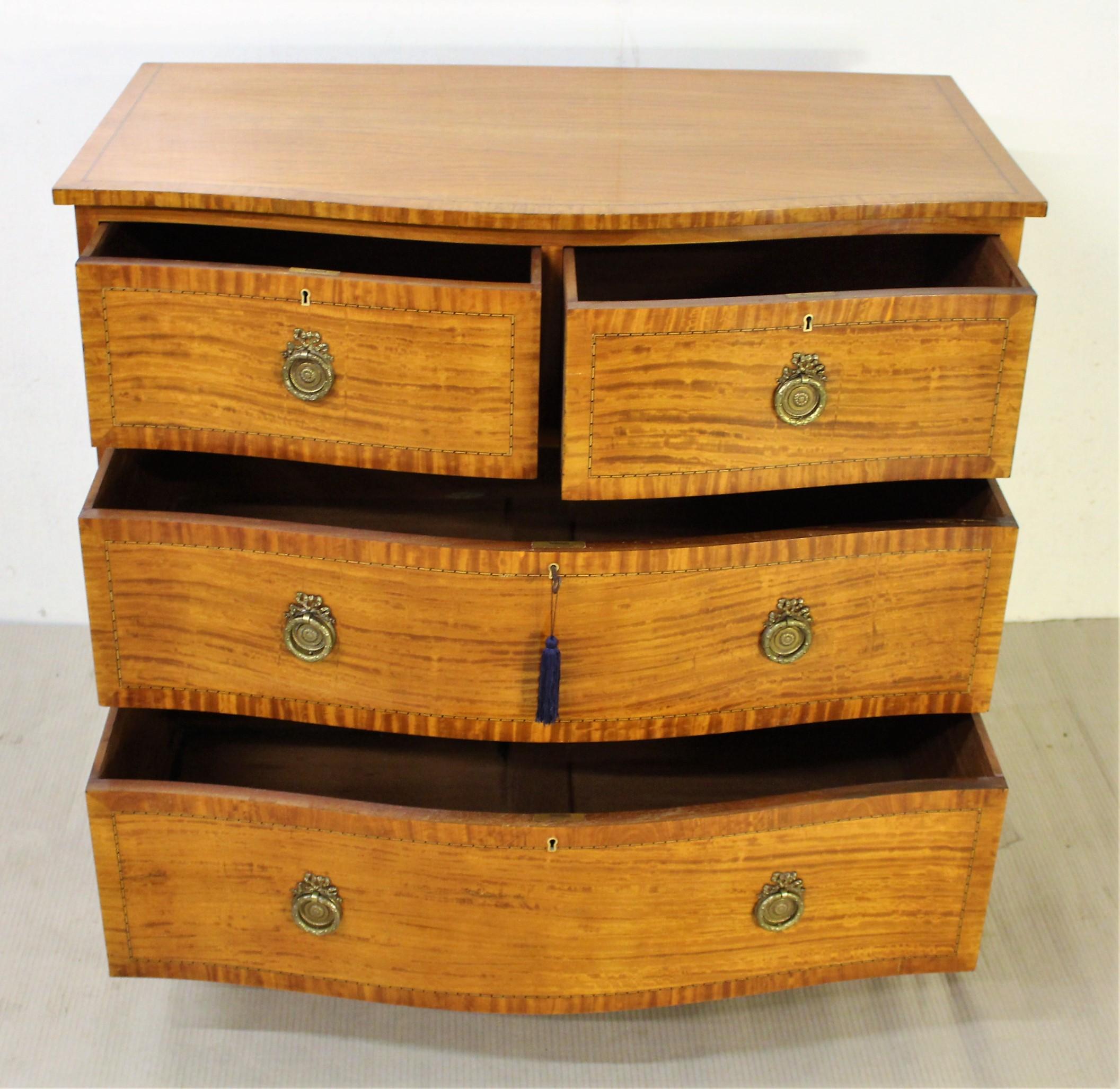 English Edwardian Period Inlaid Satinwood Serpentine Fronted Chest of Drawers 4