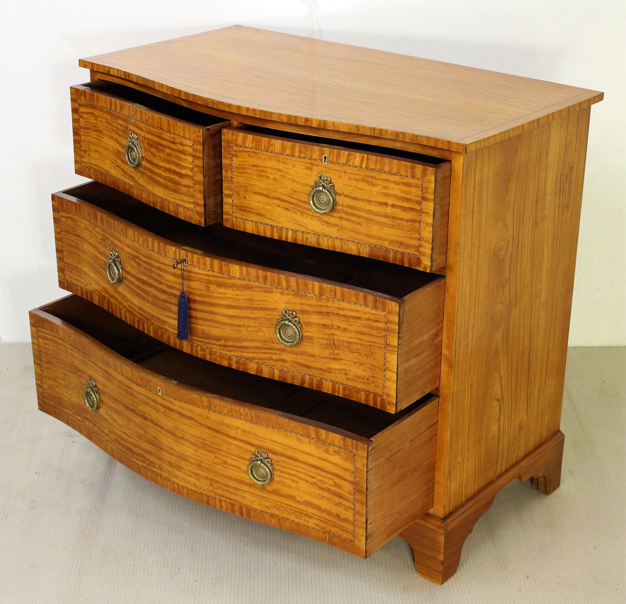 English Edwardian Period Inlaid Satinwood Serpentine Fronted Chest of Drawers 5