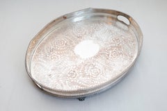 English Edwardian Period Silver Plated Tray with Floral Motifs and Petite Feet