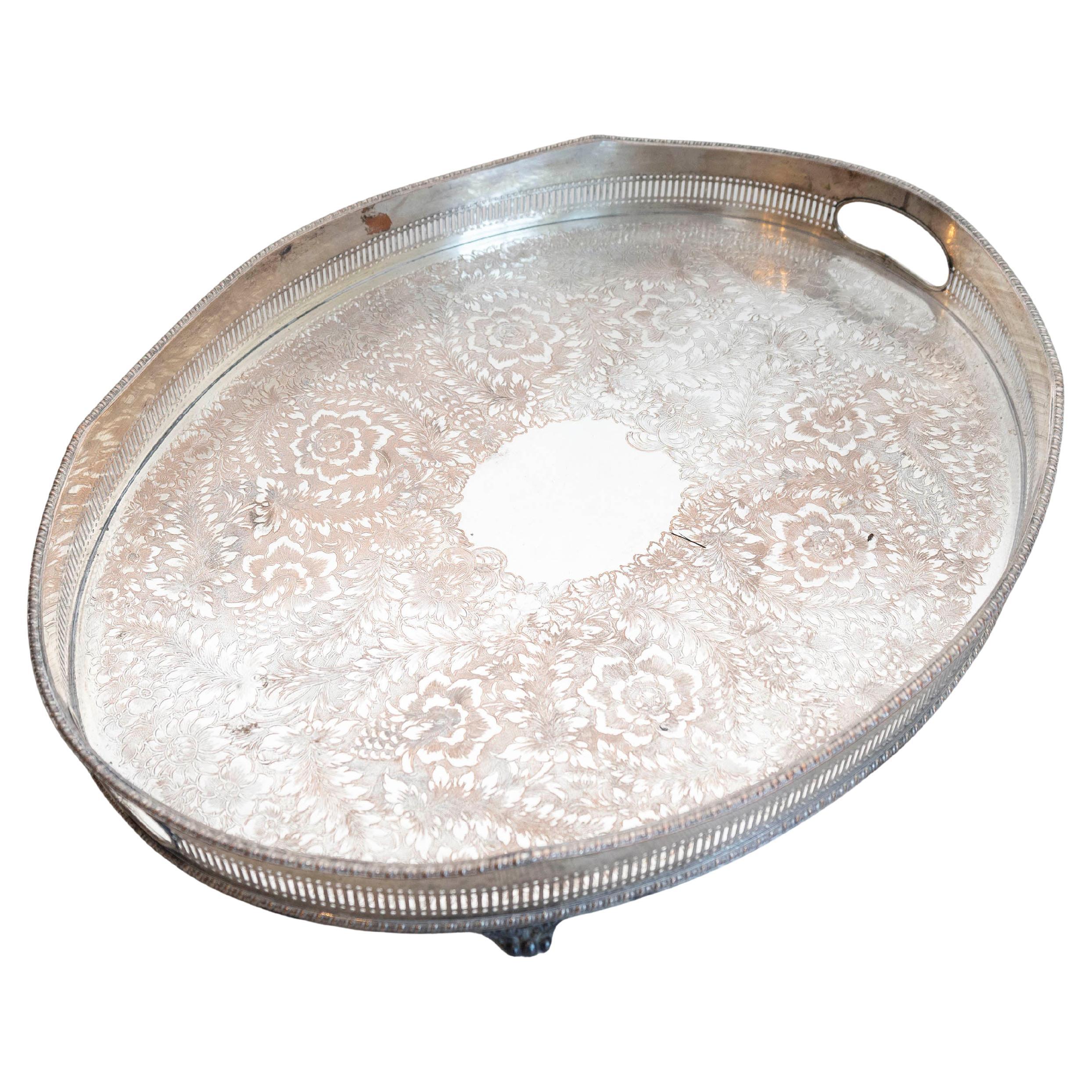 English Edwardian Period Silver Plated Tray with Floral Motifs and Petite Feet