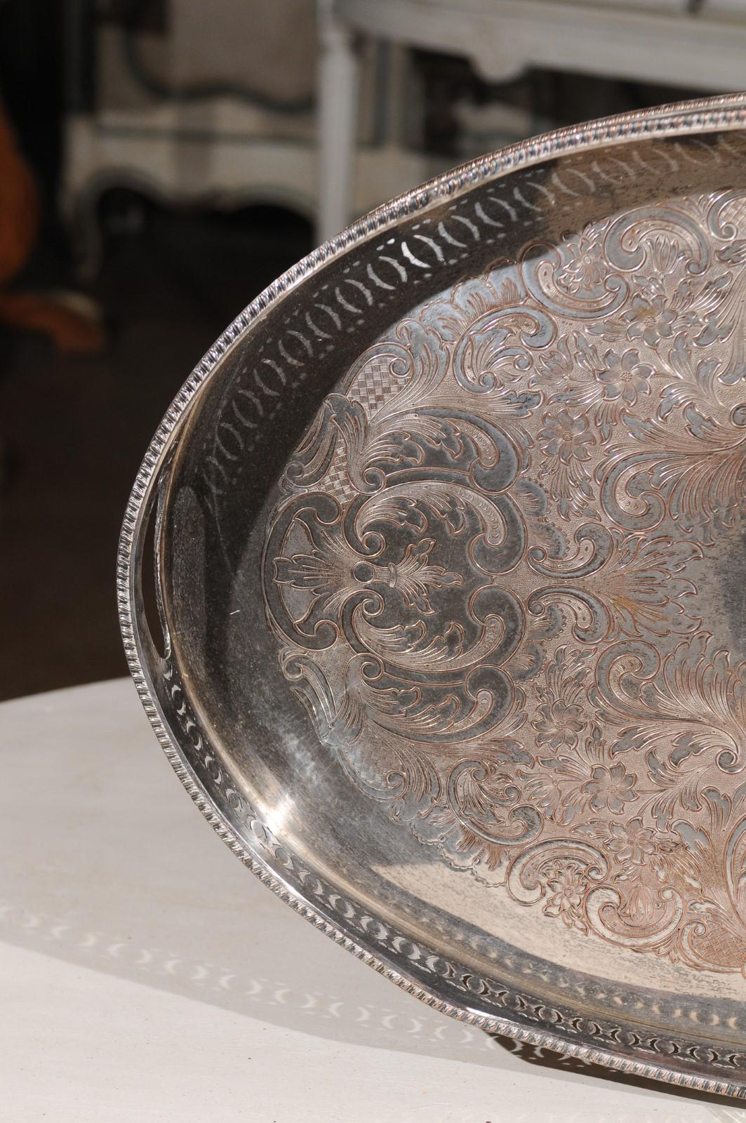 English Edwardian Period Silver Plated Tray with Pierced Motifs and C-Scrolls In Good Condition For Sale In Atlanta, GA