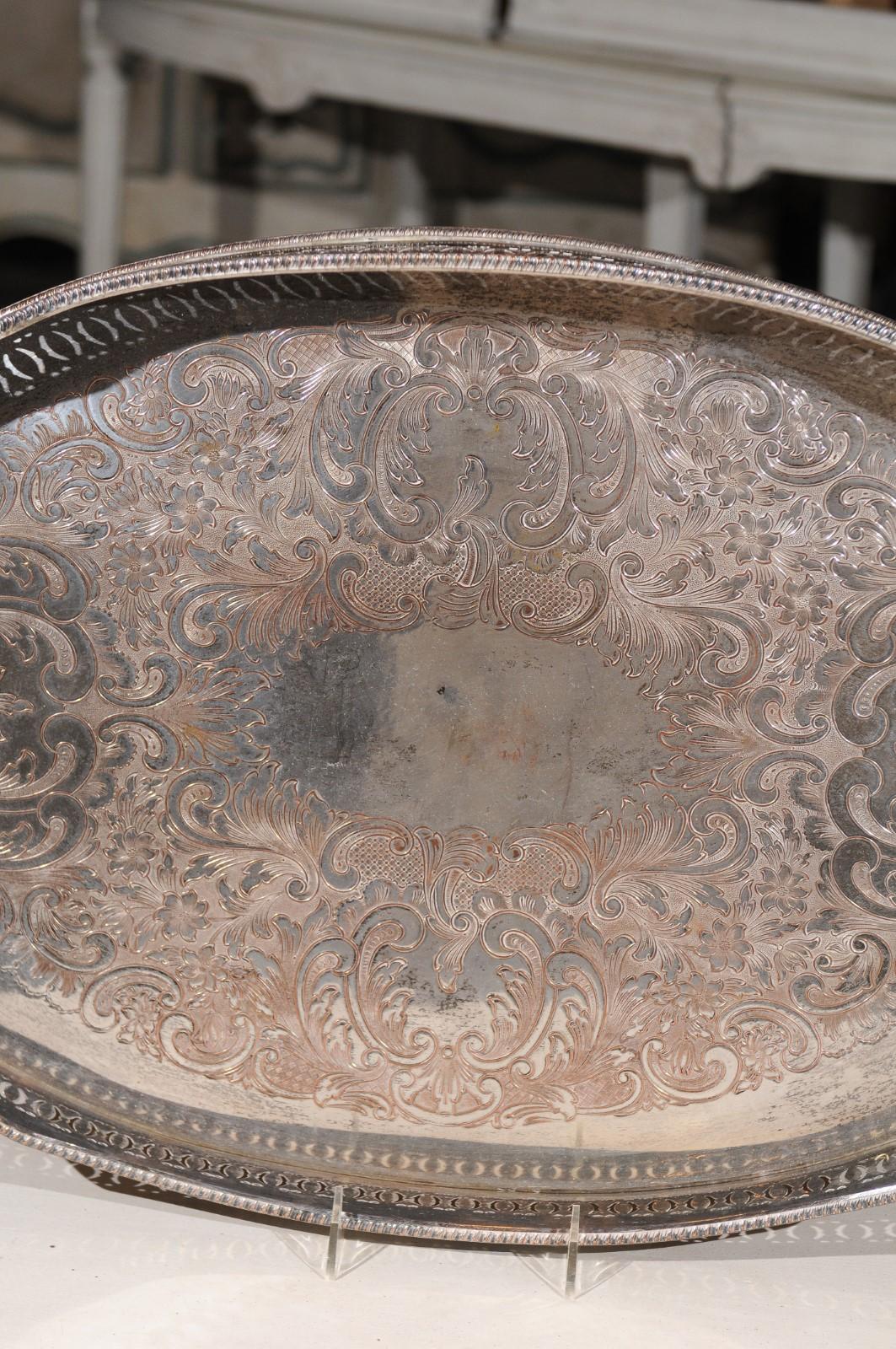 20th Century English Edwardian Period Silver Plated Tray with Pierced Motifs and C-Scrolls For Sale