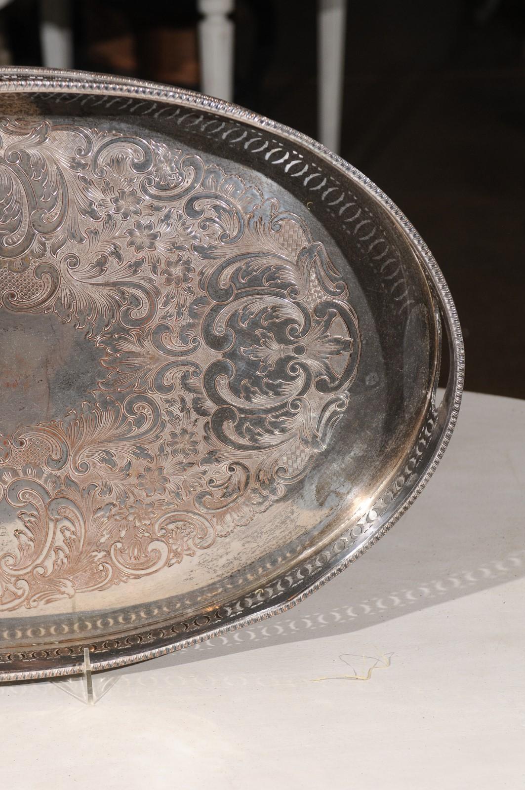 English Edwardian Period Silver Plated Tray with Pierced Motifs and C-Scrolls For Sale 1