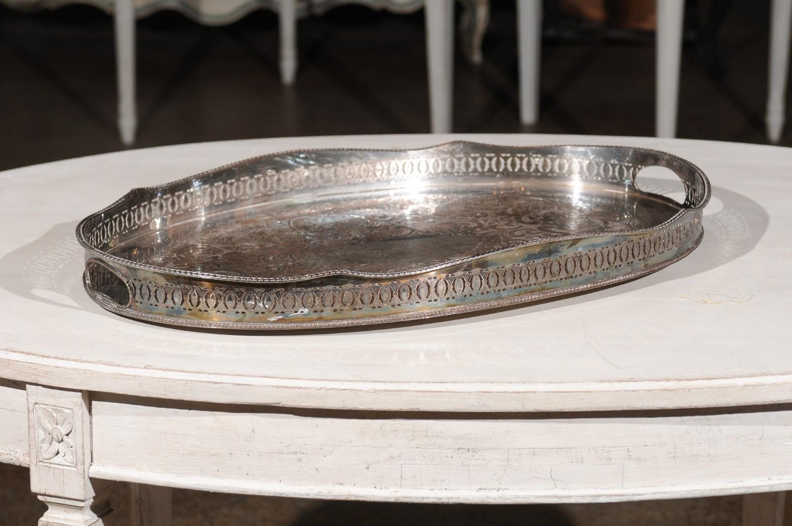 English Edwardian Period Silver Plated Tray with Pierced Motifs and C-Scrolls For Sale 2