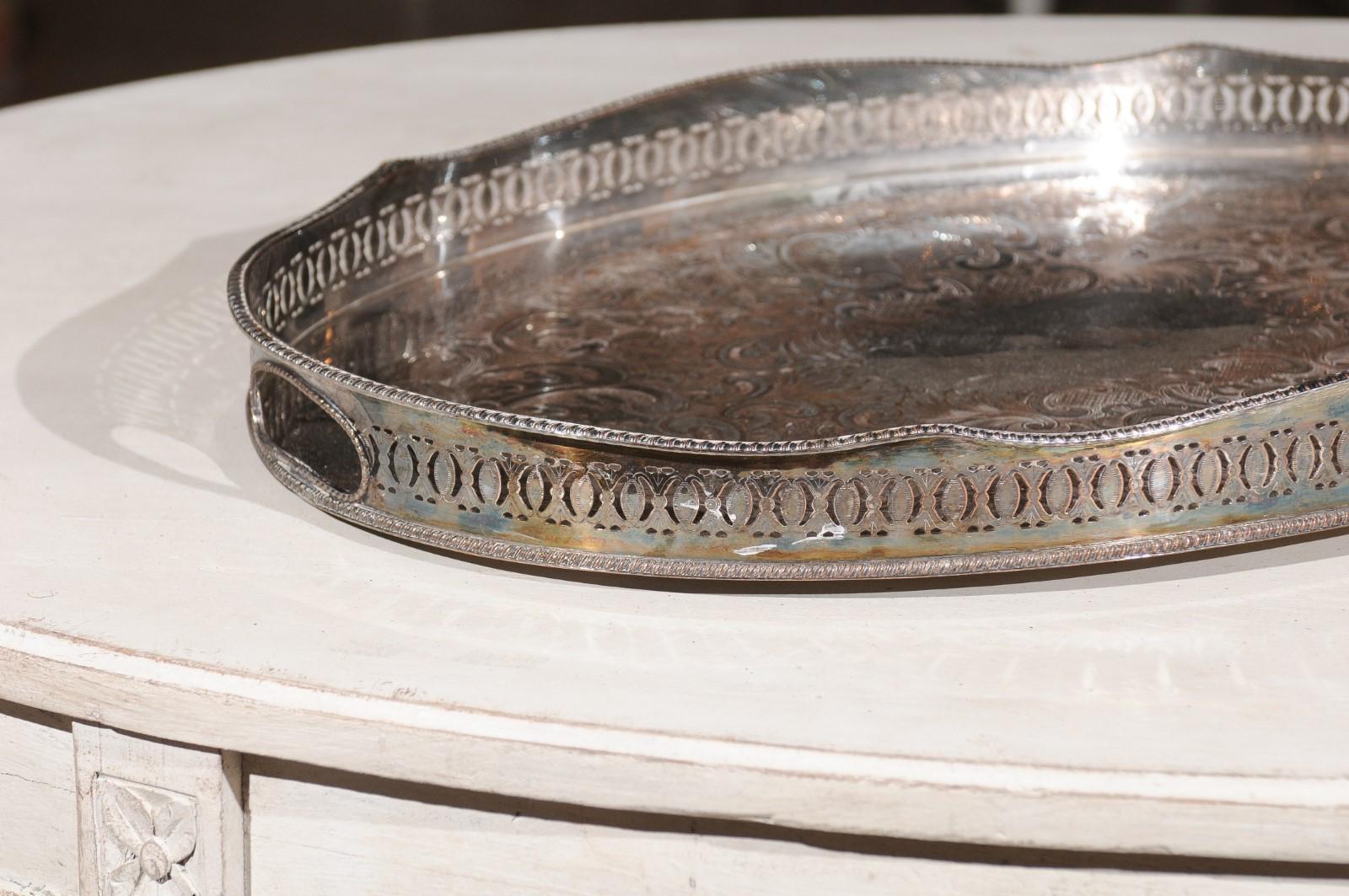 English Edwardian Period Silver Plated Tray with Pierced Motifs and C-Scrolls For Sale 3