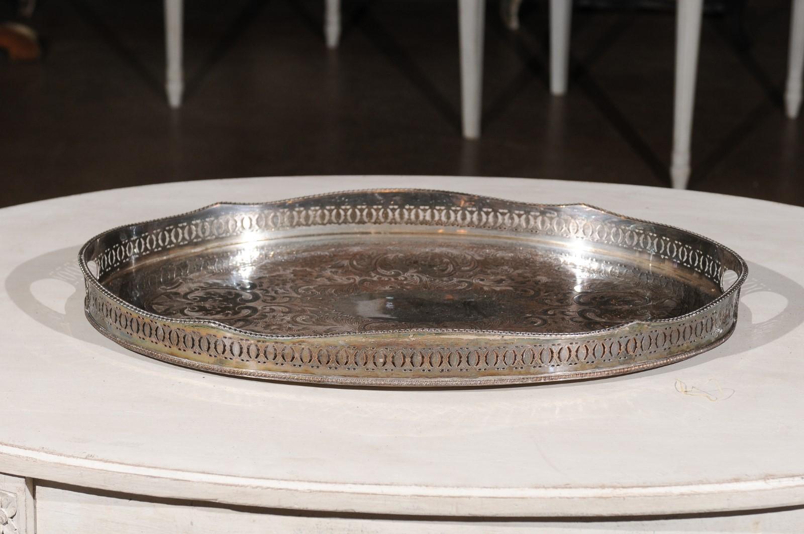 English Edwardian Period Silver Plated Tray with Pierced Motifs and C-Scrolls For Sale 5