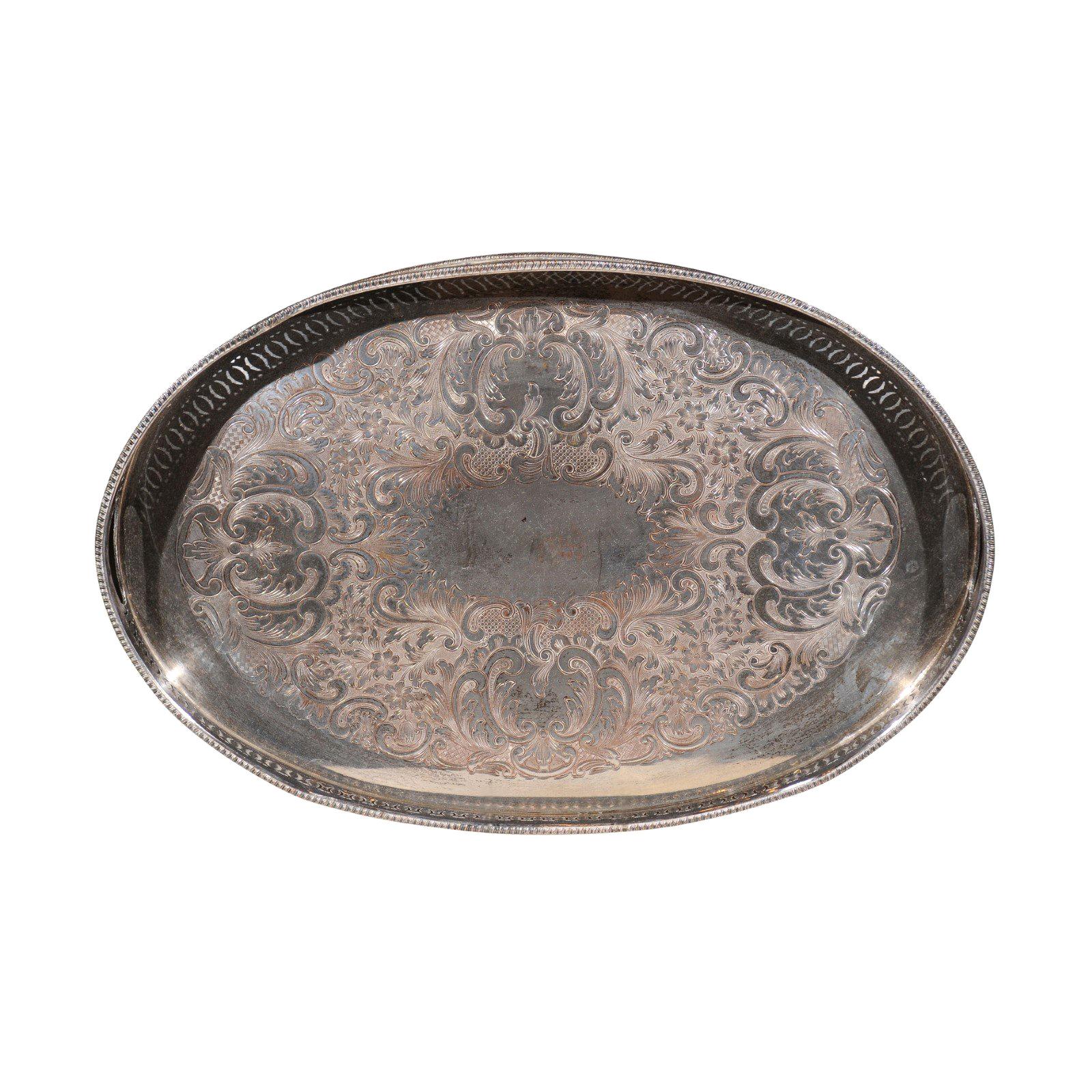 English Edwardian Period Silver Plated Tray with Pierced Motifs and C-Scrolls For Sale