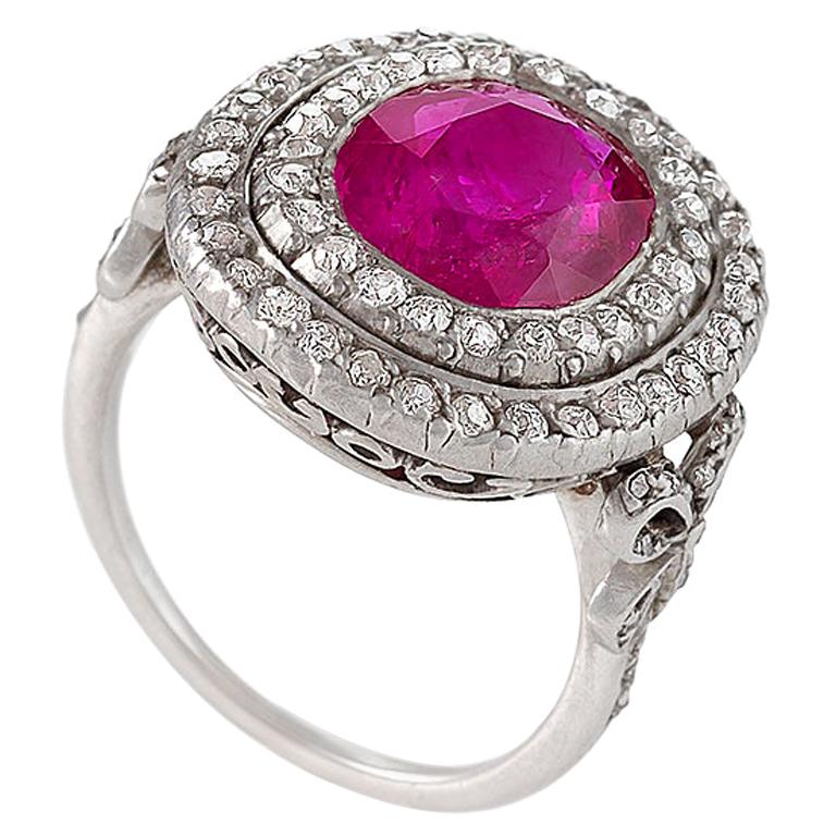 English Edwardian Platinum Burmese Ruby and Diamond Ring