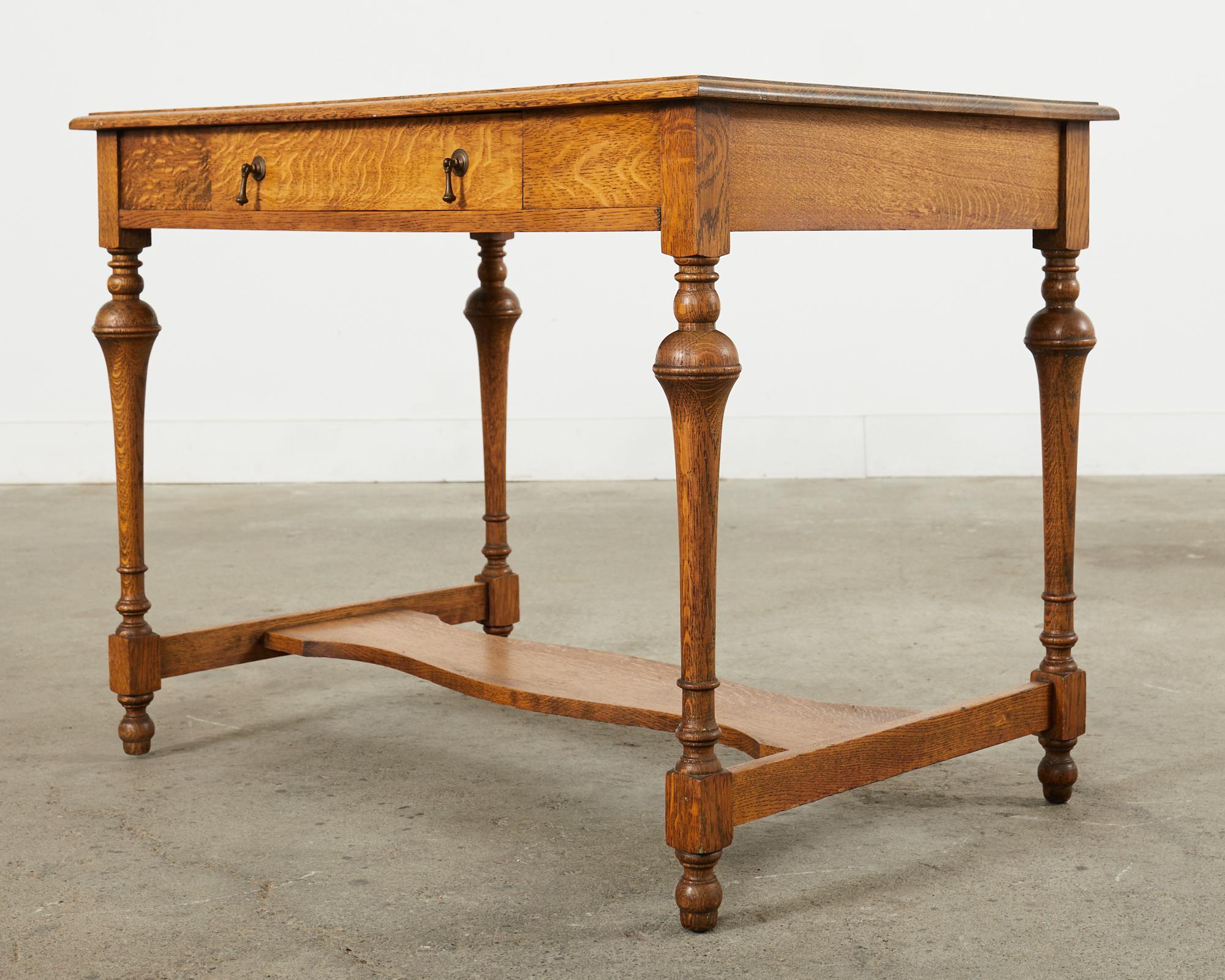 Hand-Crafted English Edwardian Quarter Sawn Oak Library Table Desk For Sale
