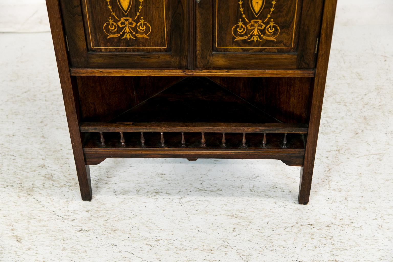 Beveled English Edwardian Rosewood Inlaid Corner Cabinet For Sale