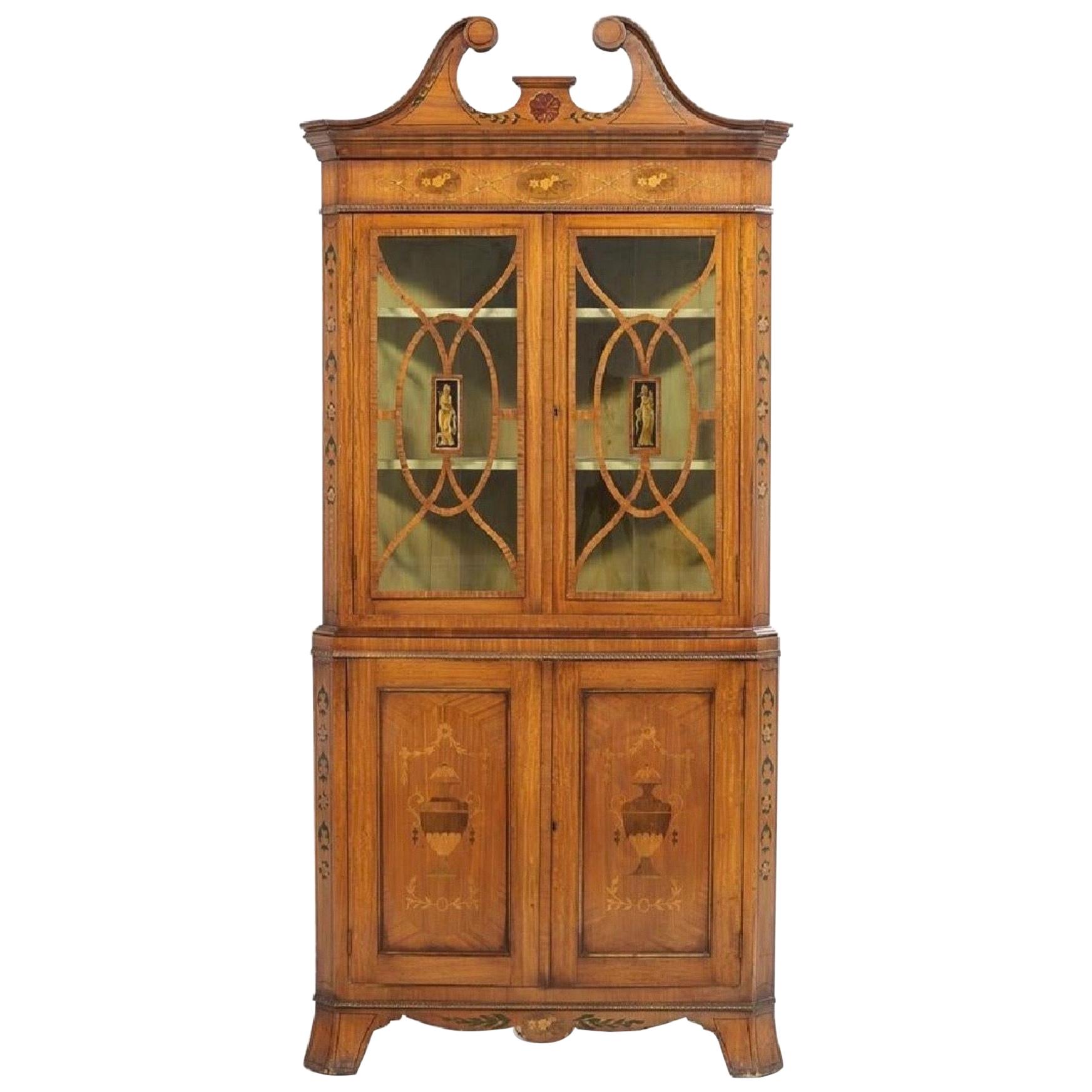English Edwardian Satinwood and Paint Decorated Corner Cabinet, circa 1900	 For Sale