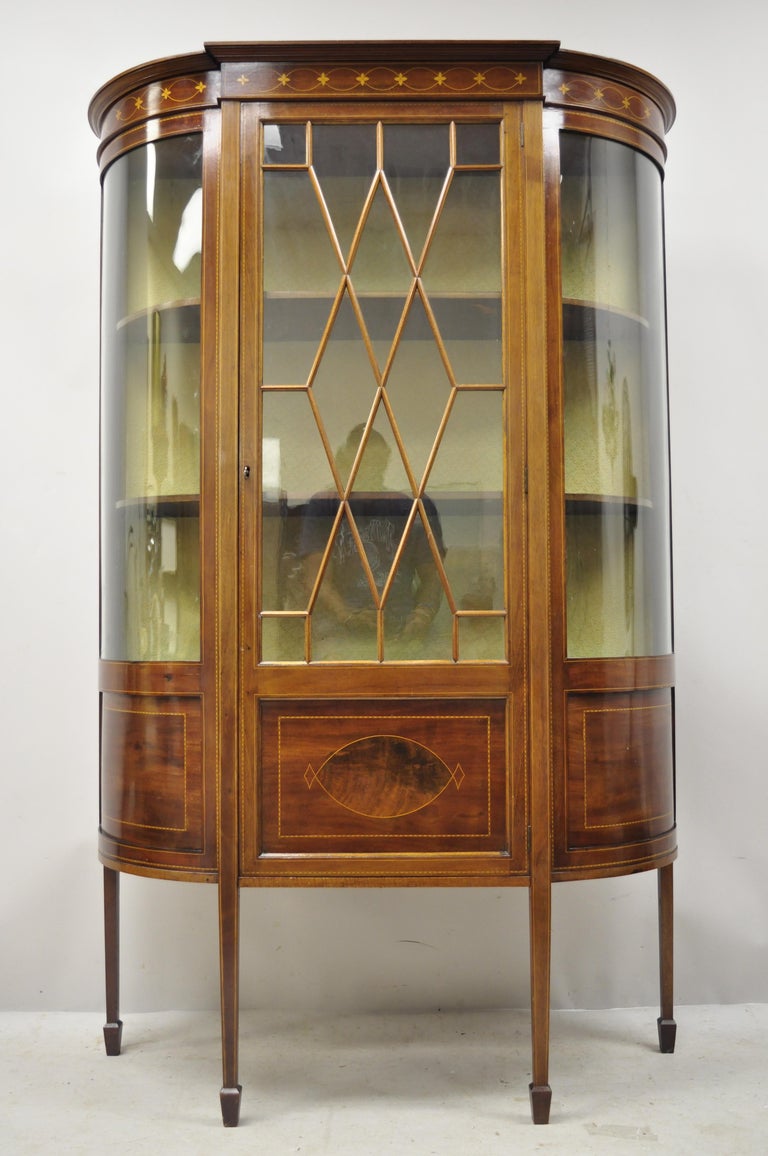 English Edwardian Satinwood Inlay Bowed Curved Glass China Display