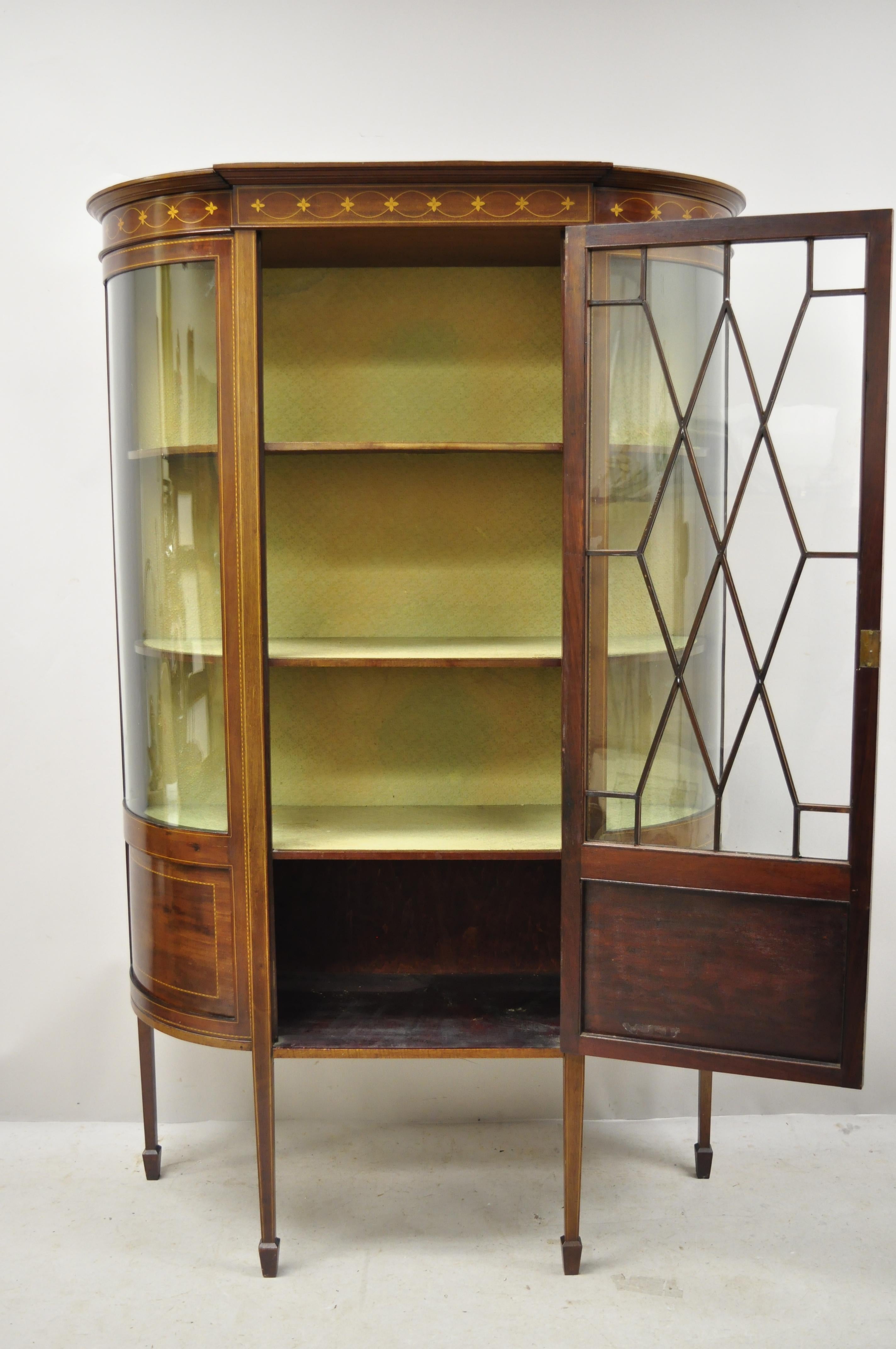 20th Century English Edwardian Satinwood Inlay Bowed Curved Glass China Display Cabinet Curio For Sale