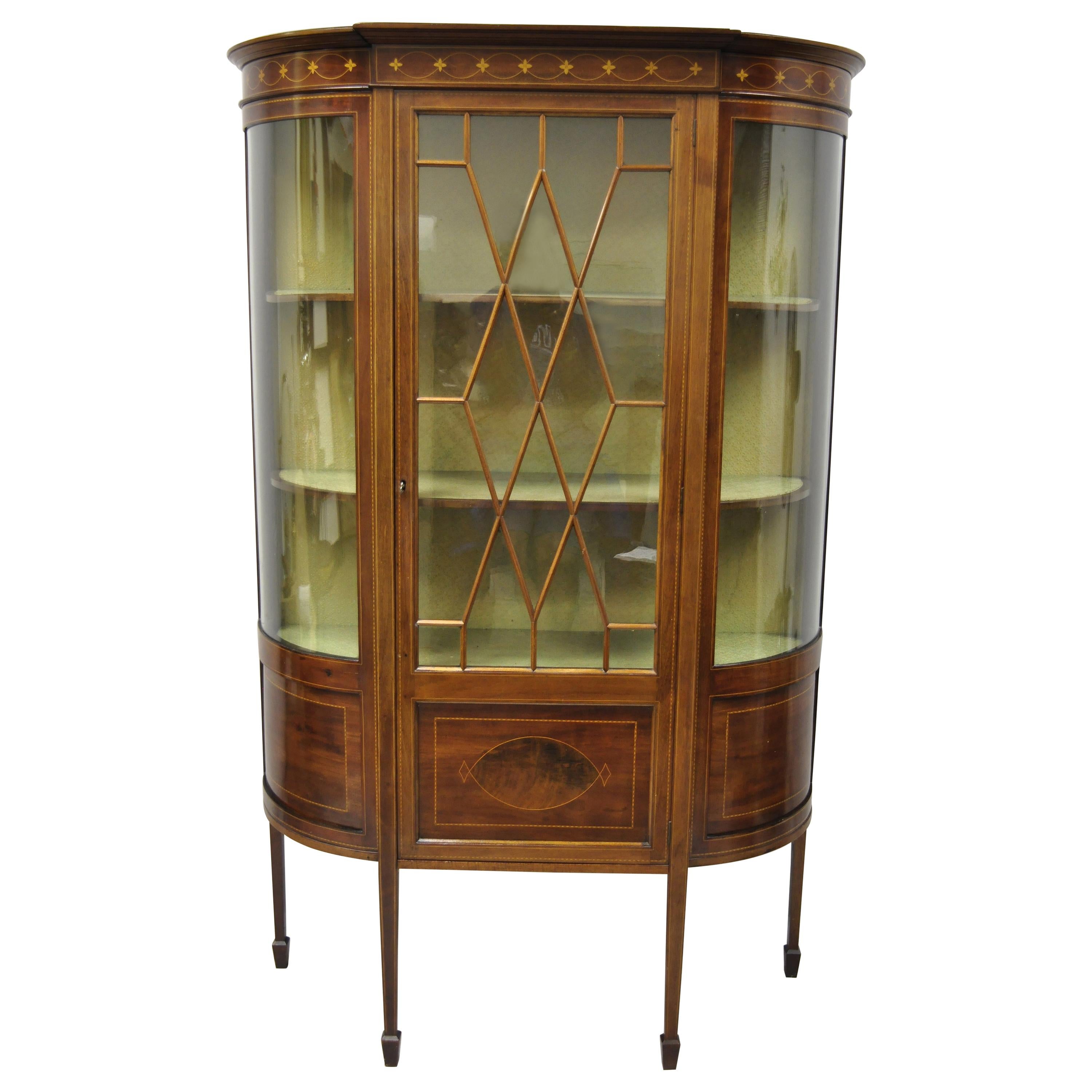 English Edwardian Satinwood Inlay Bowed Curved Glass China Display Cabinet Curio