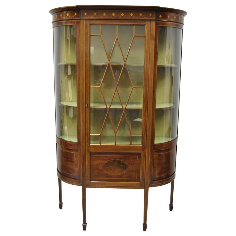 English Edwardian Satinwood Inlay Bowed Curved Glass China Display Cabinet Curio For Sale At 1stdibs