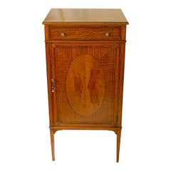 English Edwardian Satinwood Music Cabinet with Drawer and Oval Inlay