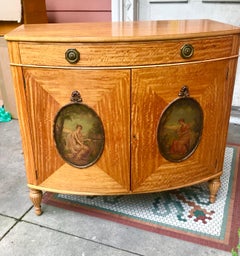 English Edwardian Satinwood Styled Bowfront Case with Painted Panels