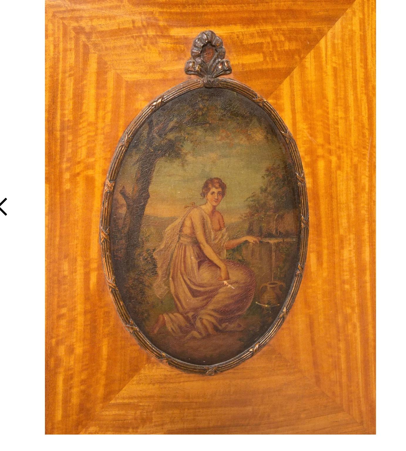 English Edwardian Satinwood Styled Bowfront Case with Painted Panels In Fair Condition For Sale In Nashville, TN