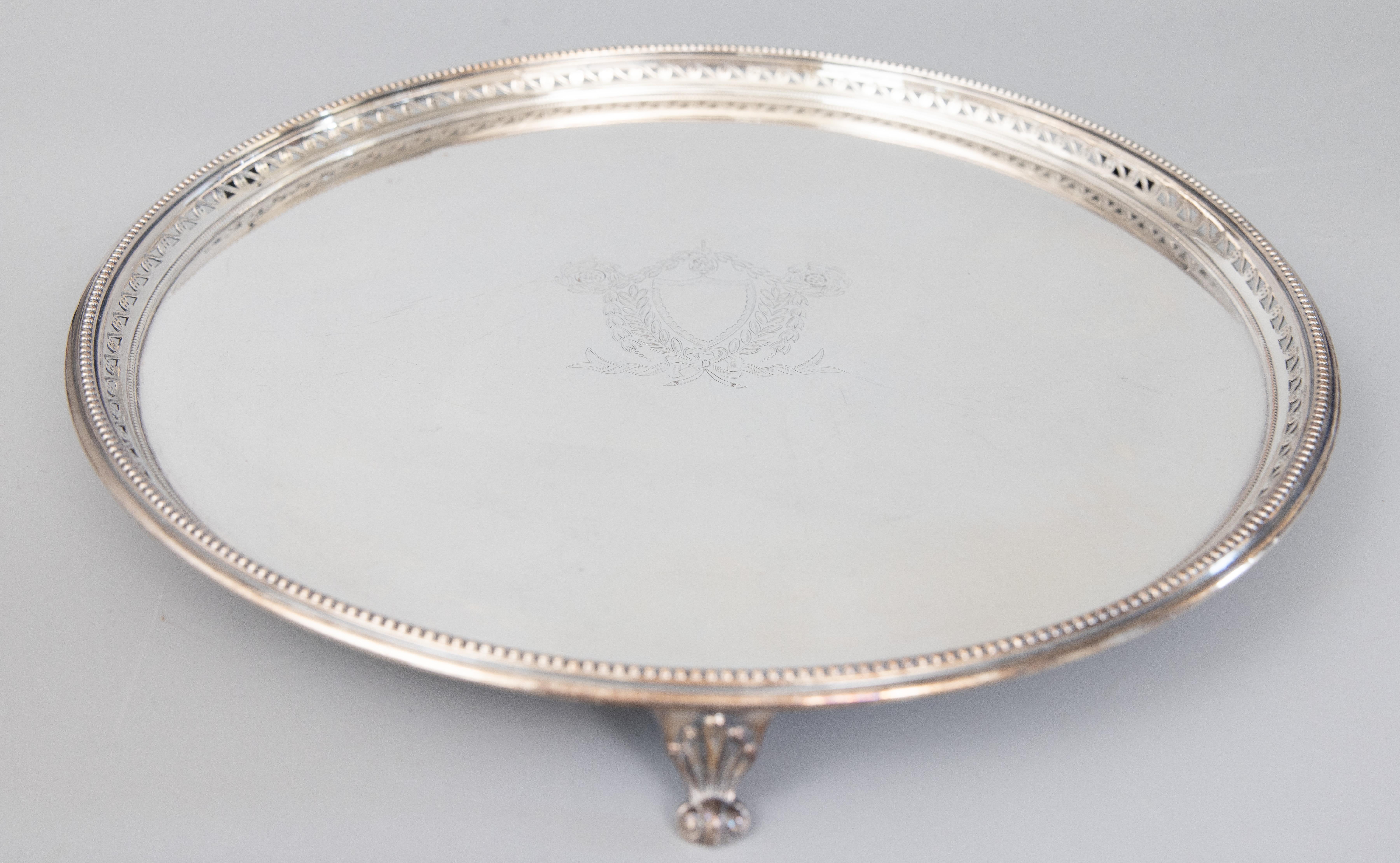 English Edwardian Silver Plate Round Footed Salver Tray, circa 1900 In Good Condition In Pearland, TX